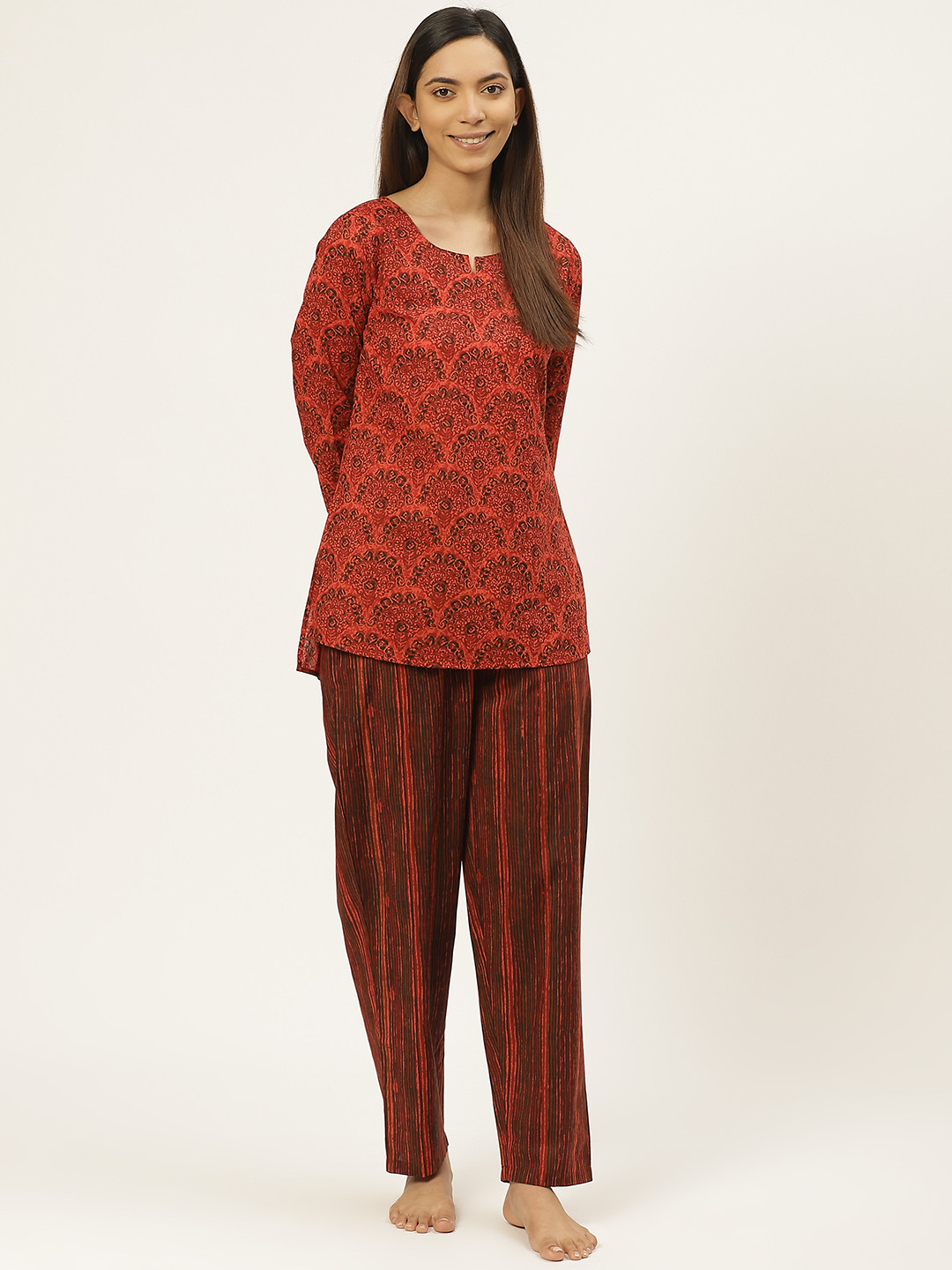 

Prakrti Women Rust Red Ajrakh Printed Pure Cotton Night suit