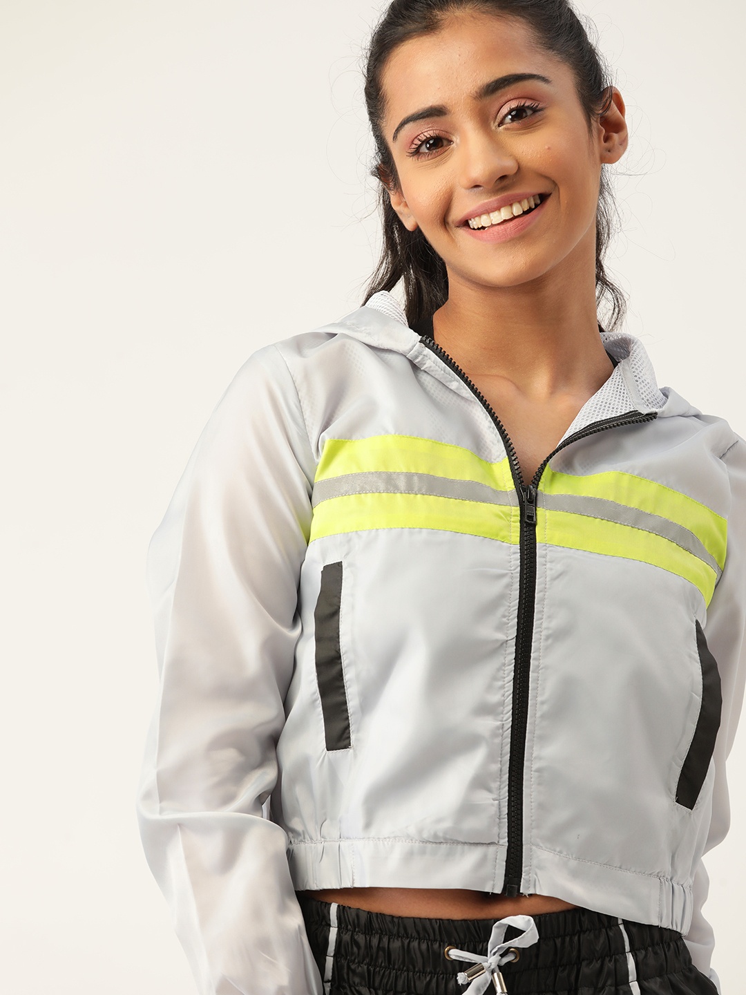 

DressBerry Women Grey & Lime Green Striped Crop Hooded Tailored Jacket