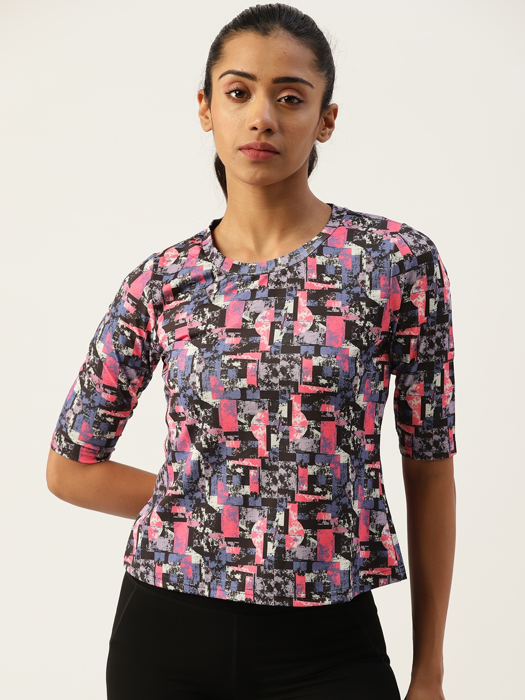 

DressBerry Violet & Pink Abstract Printed Regular Top with Back Buttoned Detail