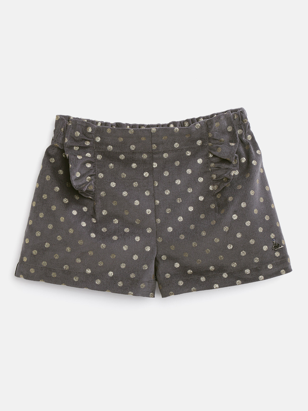 

Cherry Crumble Girls Charcoal Grey & Golden Cotton Polka Dots Printed Regular Fit Shorts