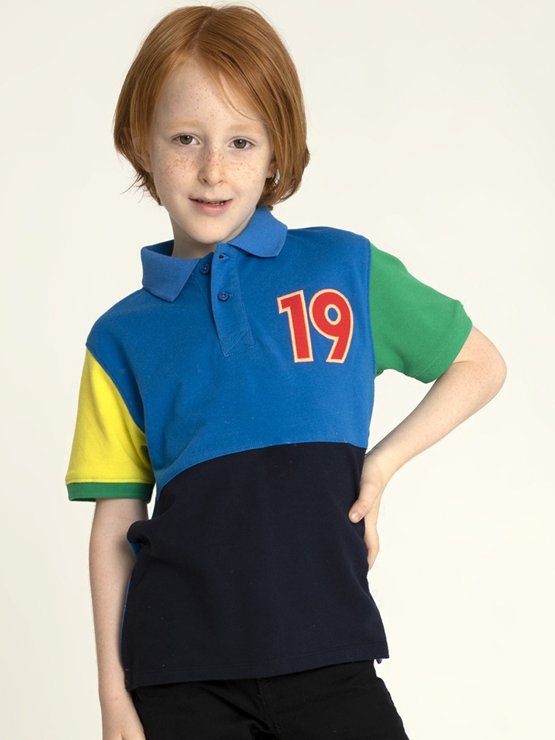 

Cherry Crumble Boys Blue Colourblocked Cotton Polo Collar T-shirt