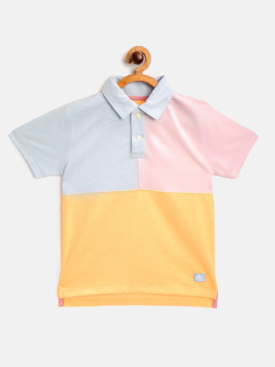 

Cherry Crumble Boys Mustard Yellow & Pink Colourblocked Cotton Polo Collar T-shirt