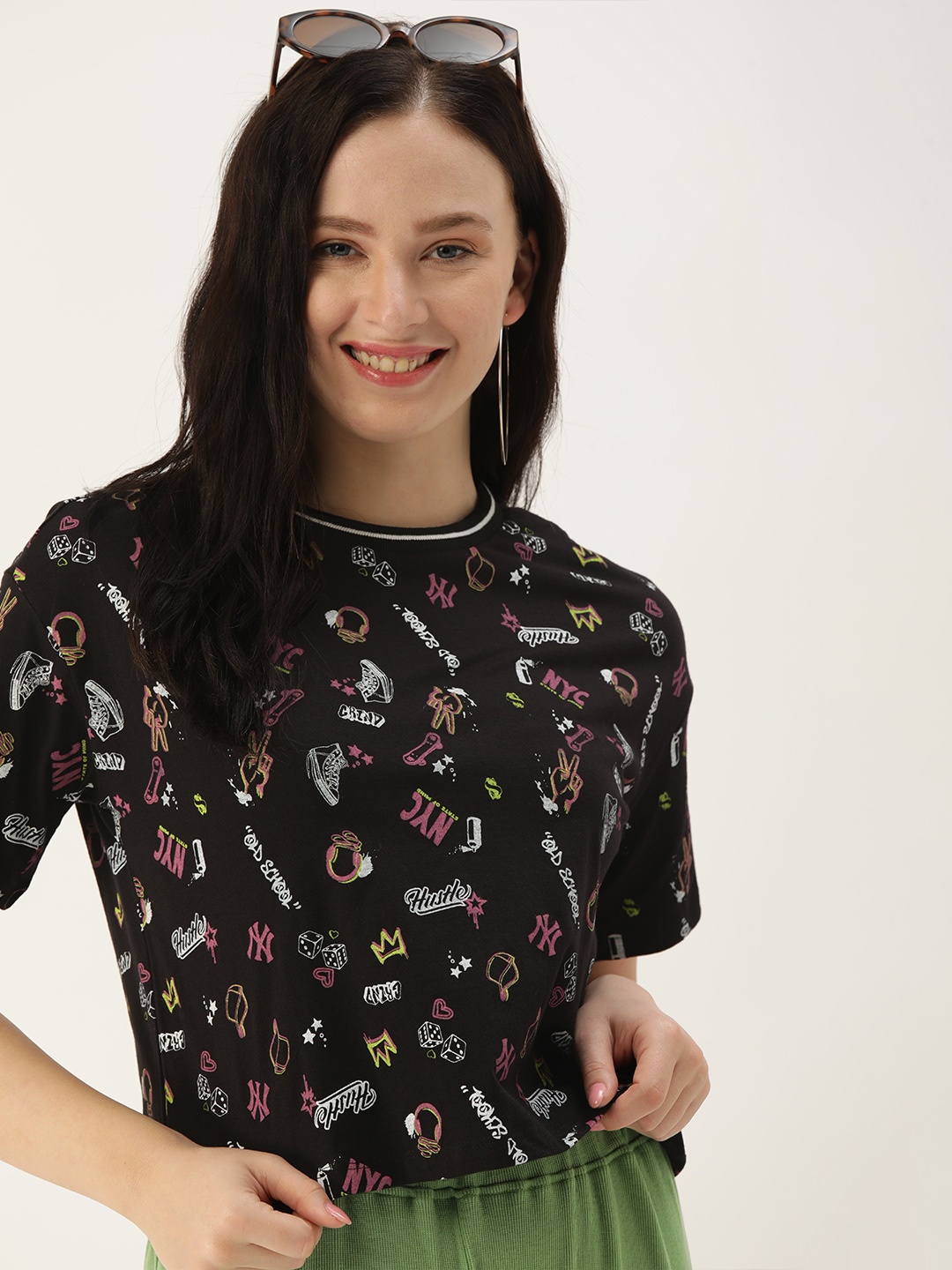

DressBerry Women Black & White Conversational Printed Drop-Shoulder Sleeves T-shirt