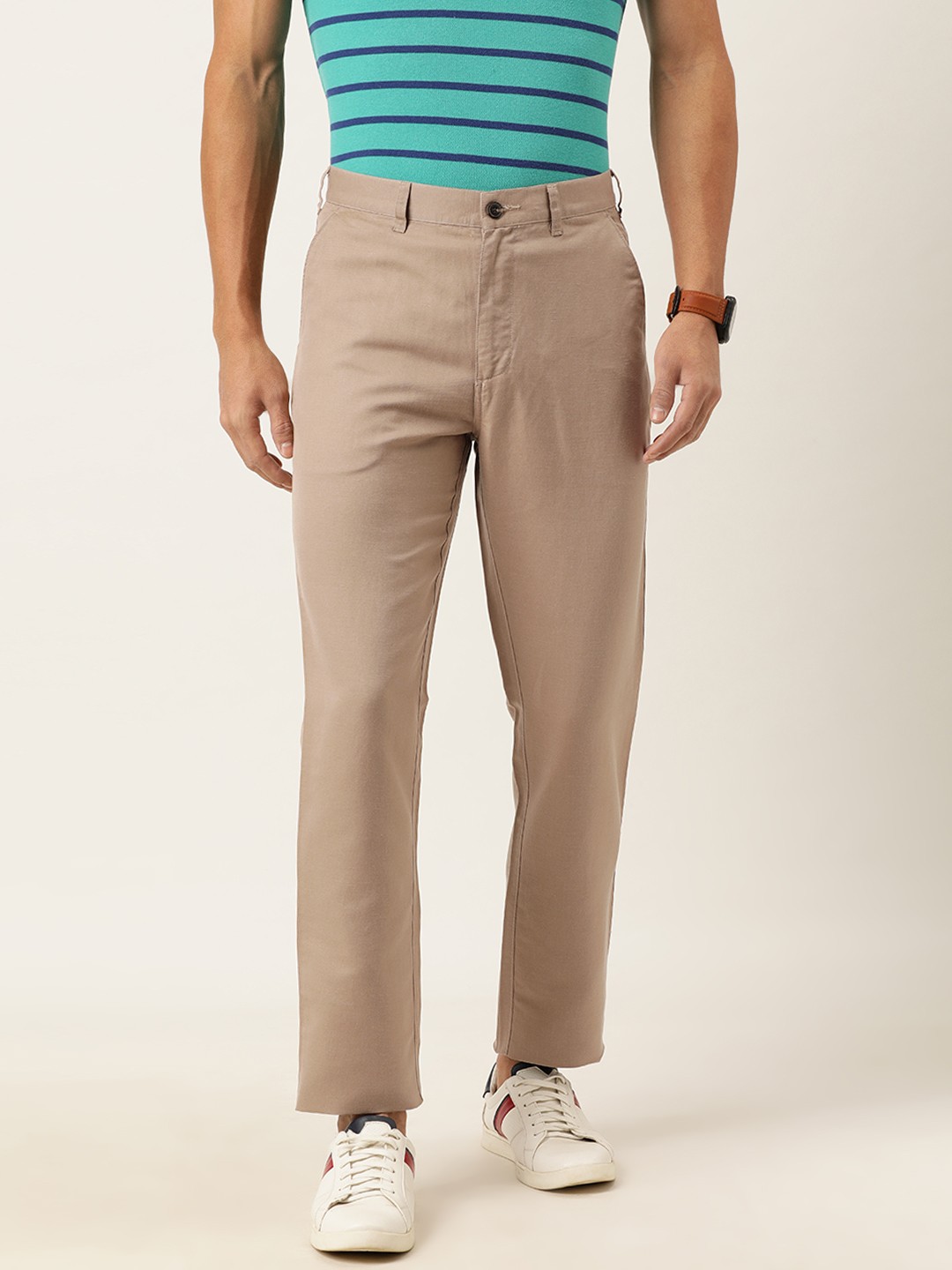 

Burnt Umber Men Khaki Regular Fit Solid Linen Cotton Chinos