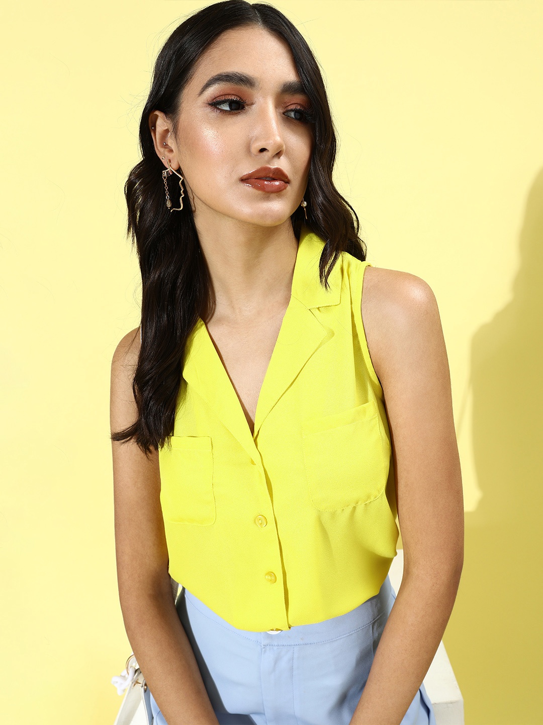 

DressBerry Women Bright Yellow Solid Pockets Please Shirt