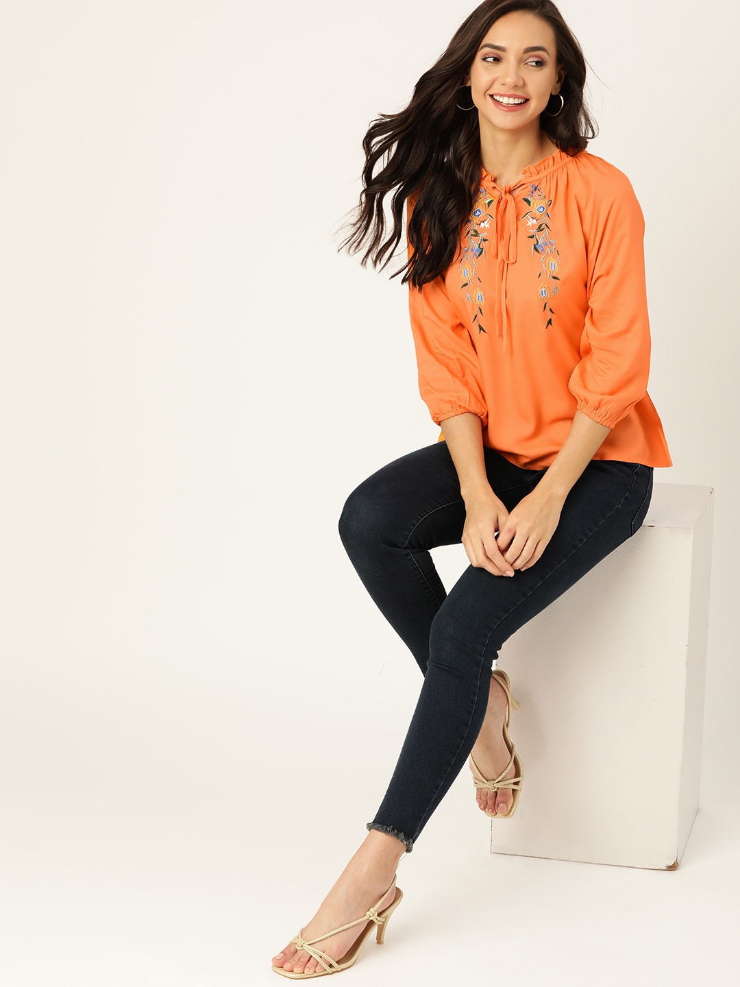 

DressBerry Orange Floral Embroidered Tie-Up Neck Puff Sleeve Regular Top