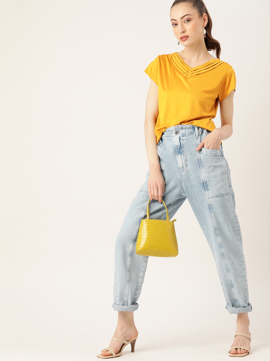 

DressBerry Mustard Yellow Solid Knitted Top
