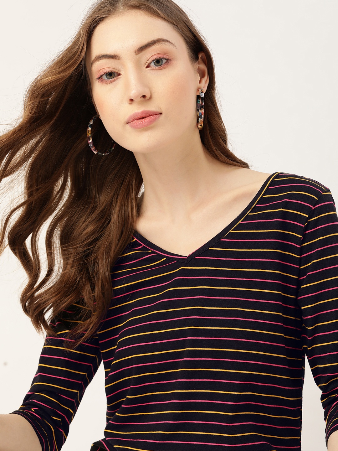 

DressBerry Black & Yellow Pure Cotton Striped Regular Top