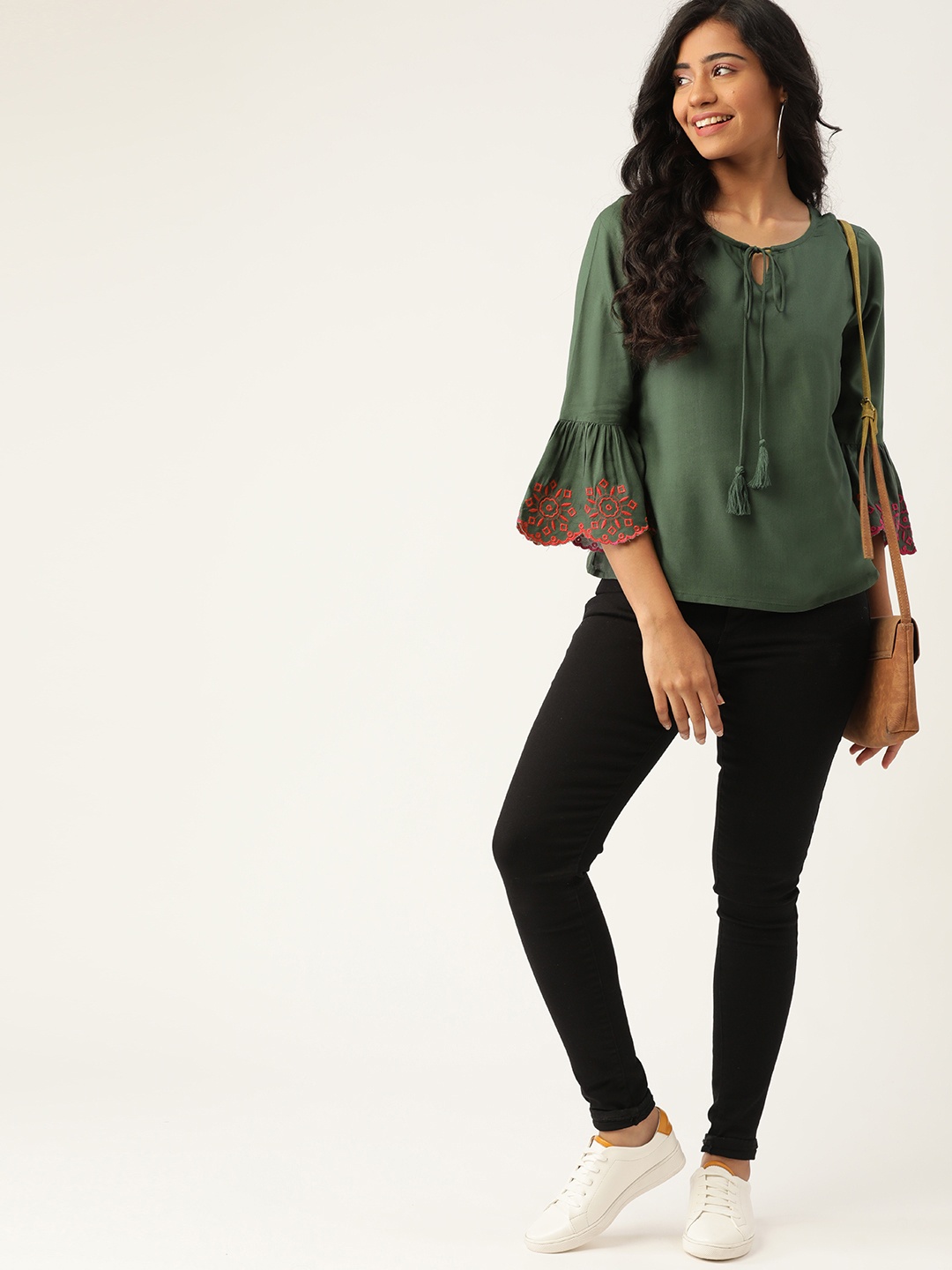 

DressBerry Olive Green & Red Tie-Up Neck Bell Sleeve Regular Top