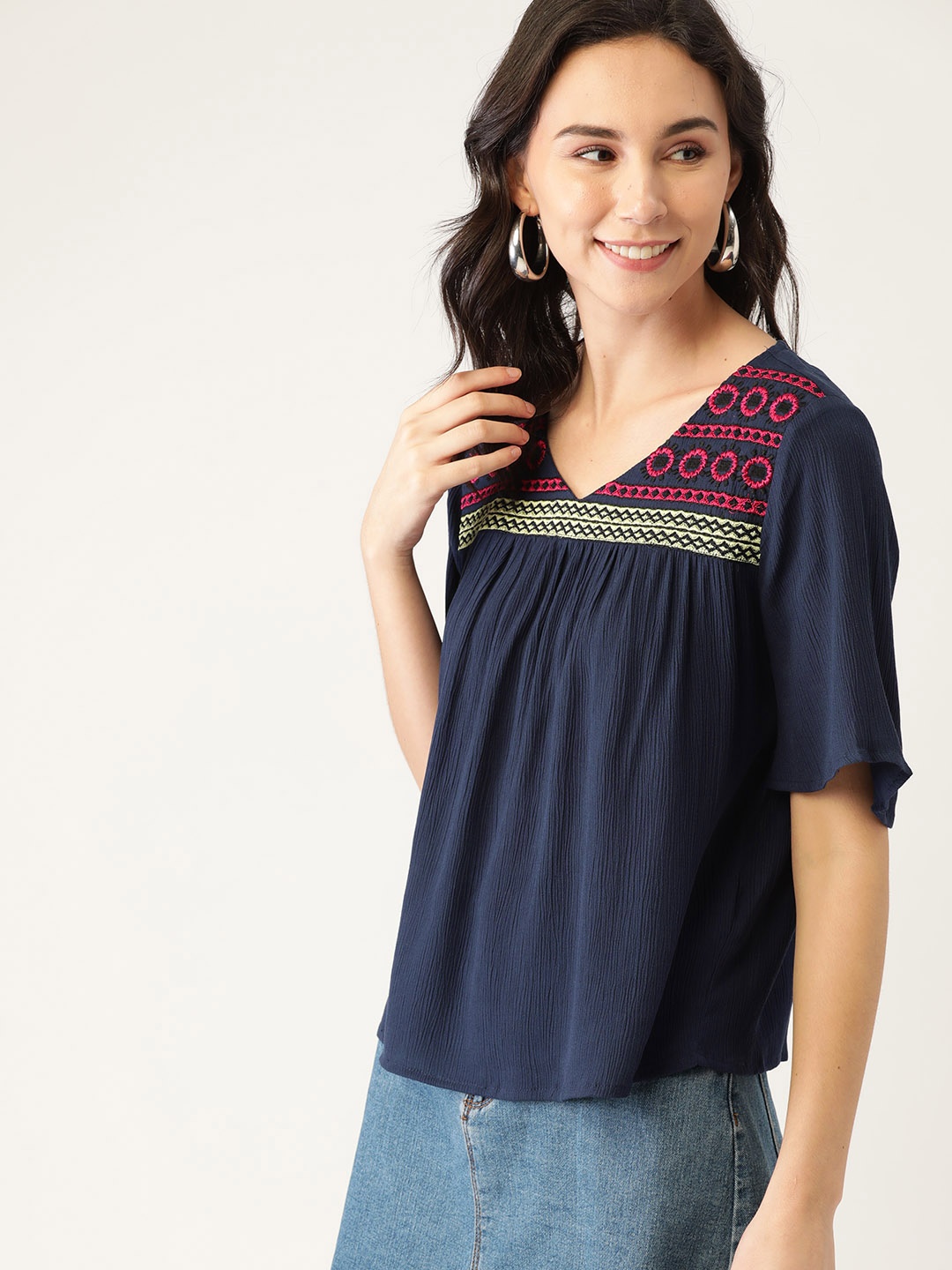 

DressBerry Navy Blue Solid Flared Sleeves Regular Top