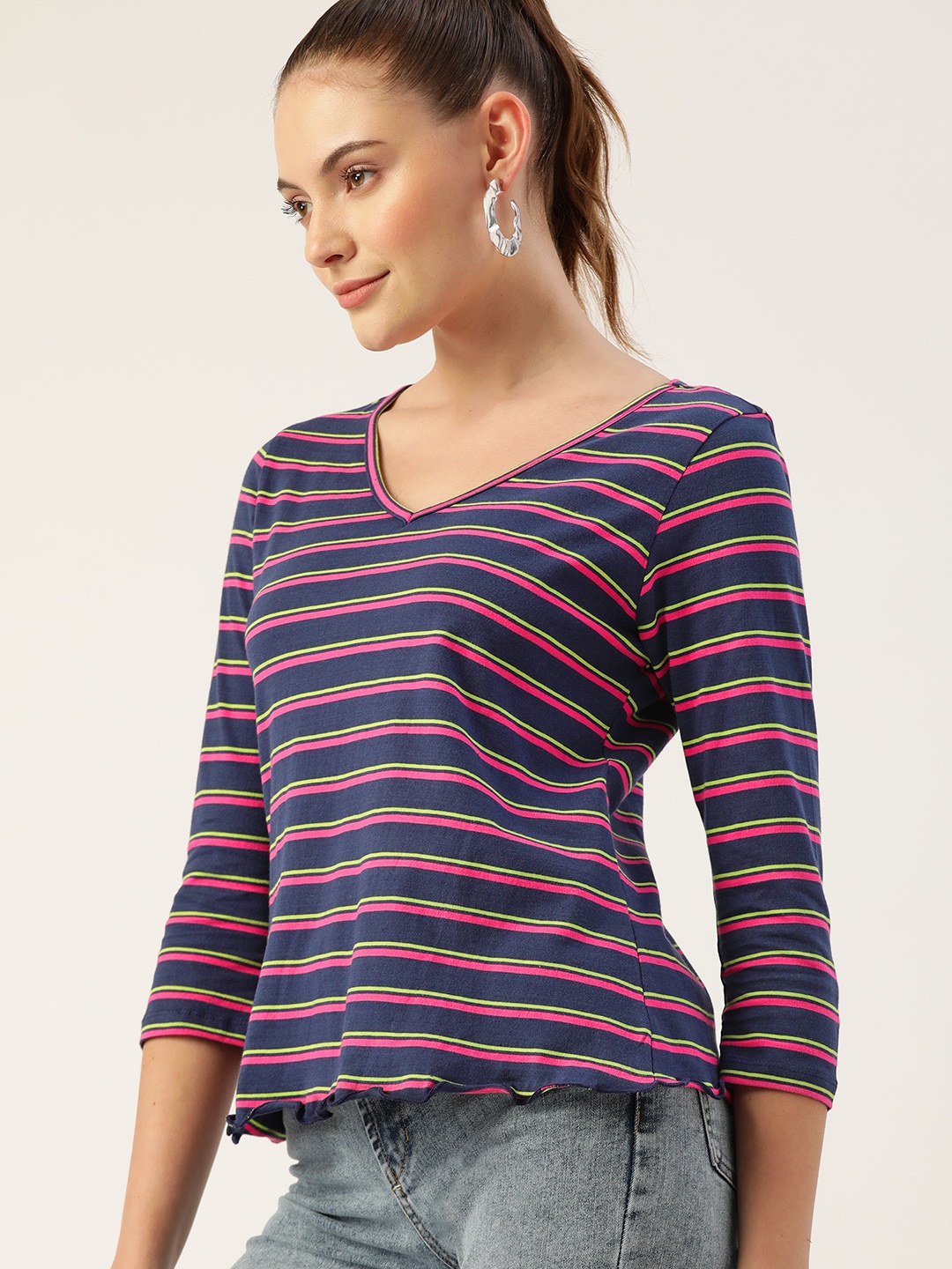 

DressBerry Women Navy Blue & Pink Striped V-Neck Pure Cotton T-shirt