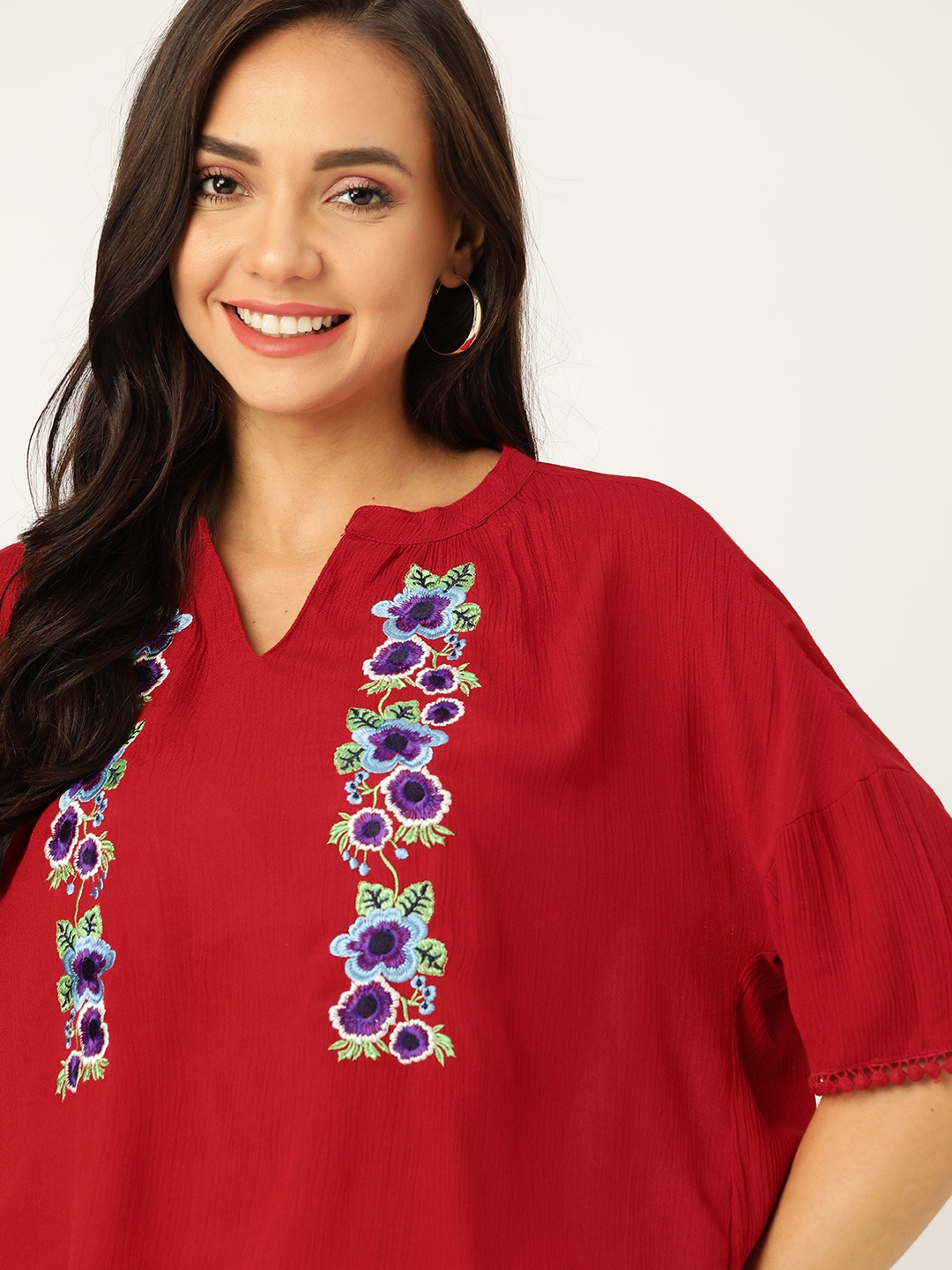 

DressBerry Red Floral Embroidered Mandarin Collar Regular Top