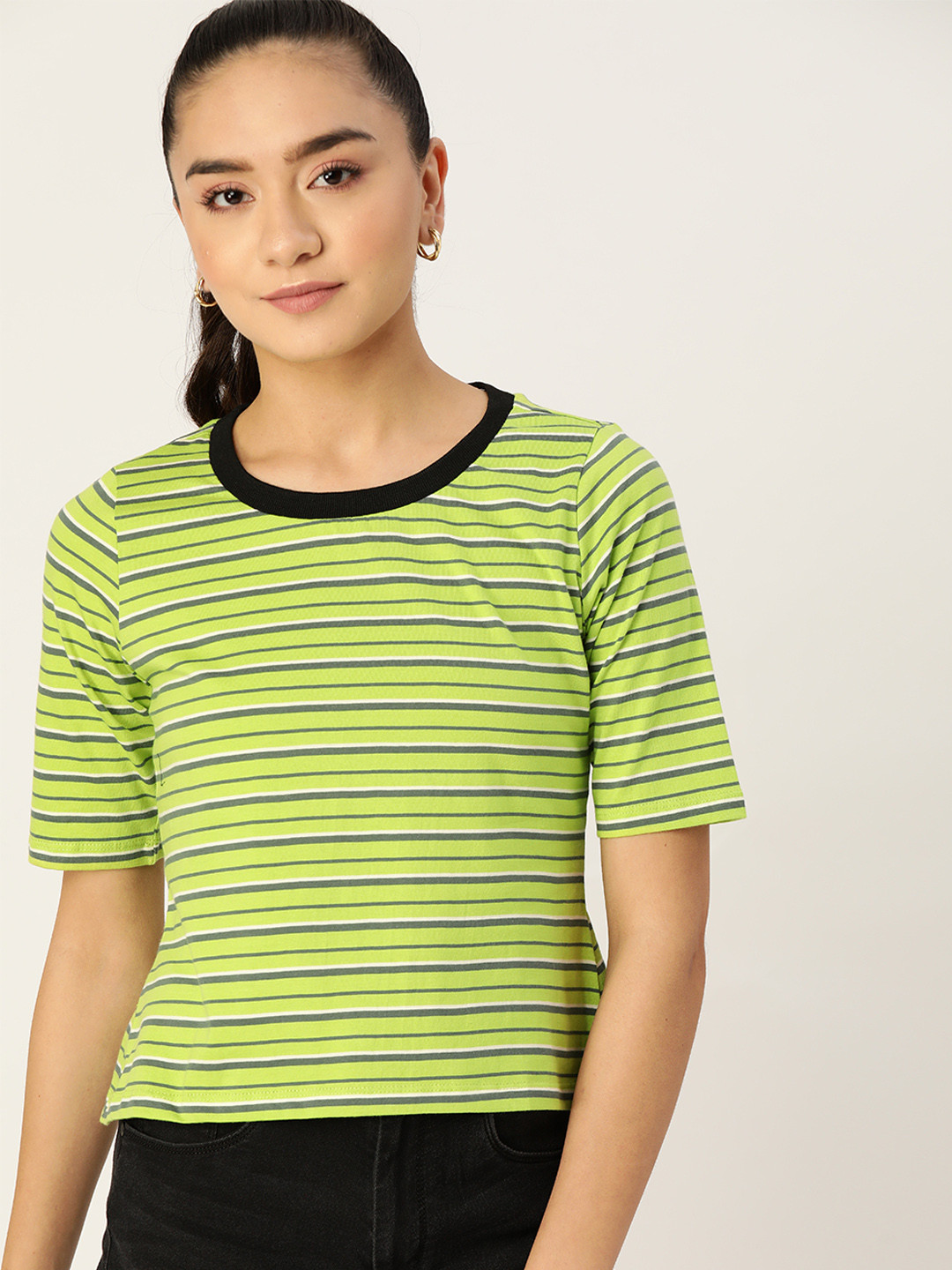 

DressBerry Women Green Grey Pure Cotton Striped Pure Cotton T-shirt