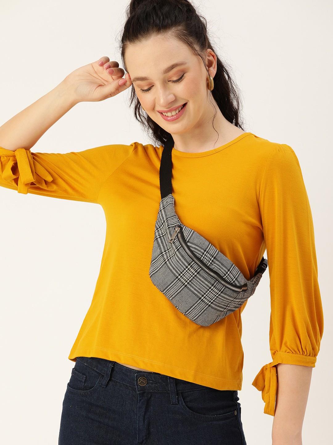 

DressBerry Mustard Yellow Solid Puff Sleeve Regular Top