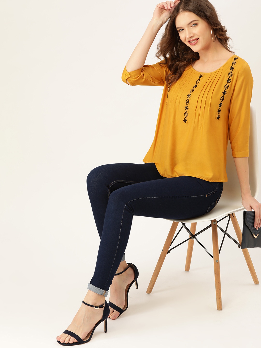 

DressBerry Mustard Yellow & Black Floral Embroidered Pleated Detail Regular Top