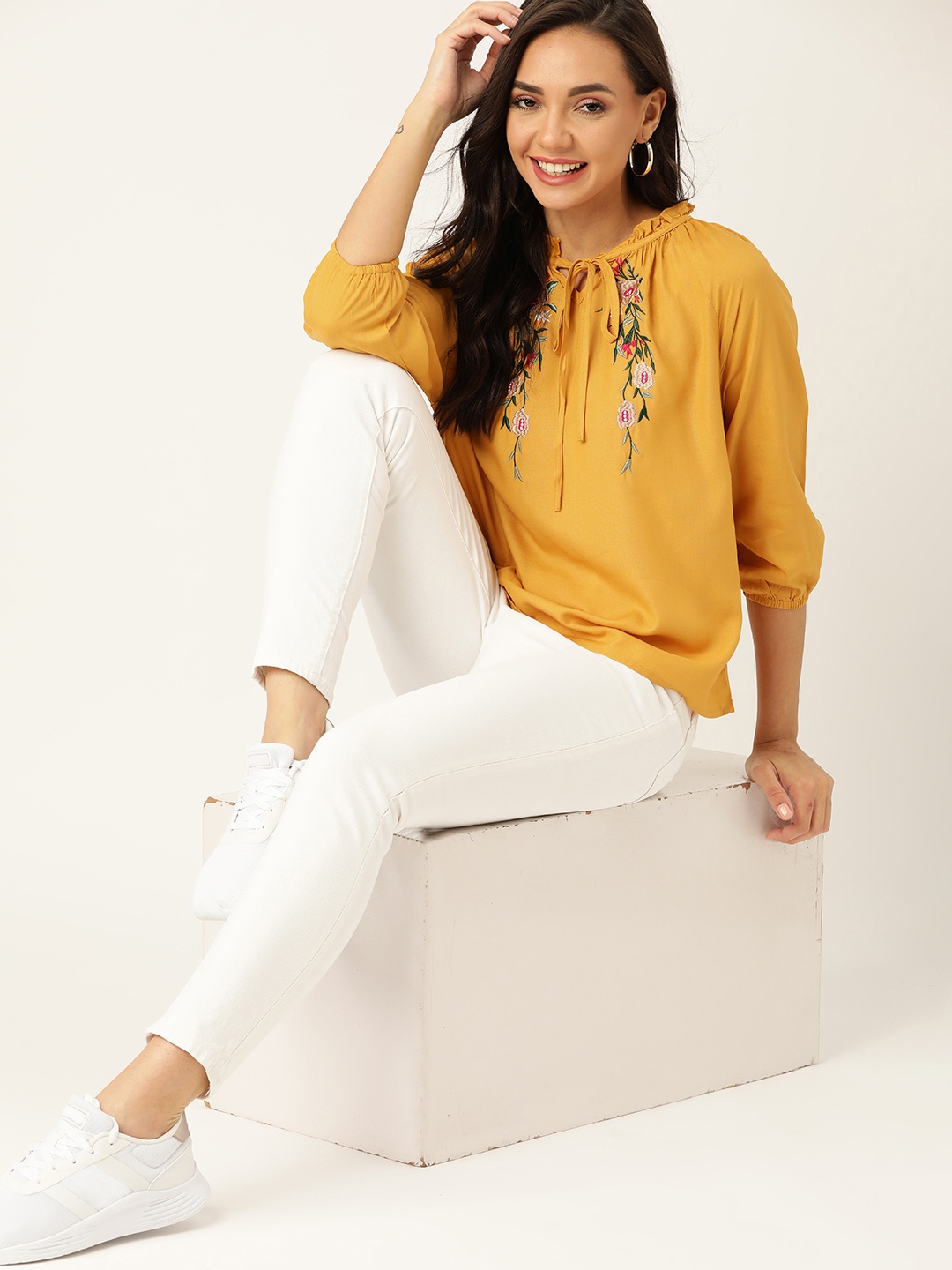 

DressBerry Mustard Yellow Embroidered Tie-Up Neck Puff Sleeve Regular Top