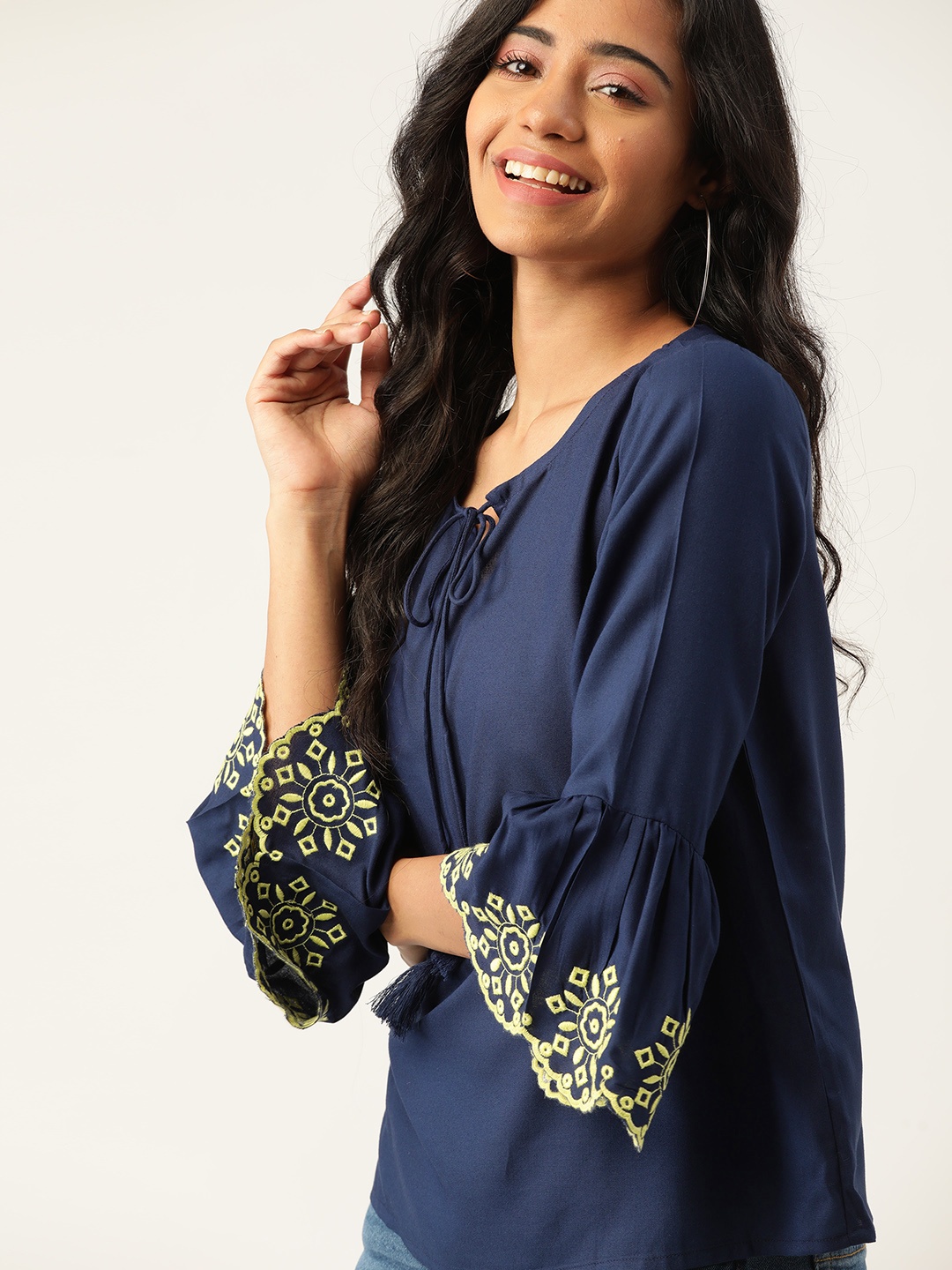 

DressBerry Navy Blue & Yellow Tie-Up Neck Bell Sleeve Top