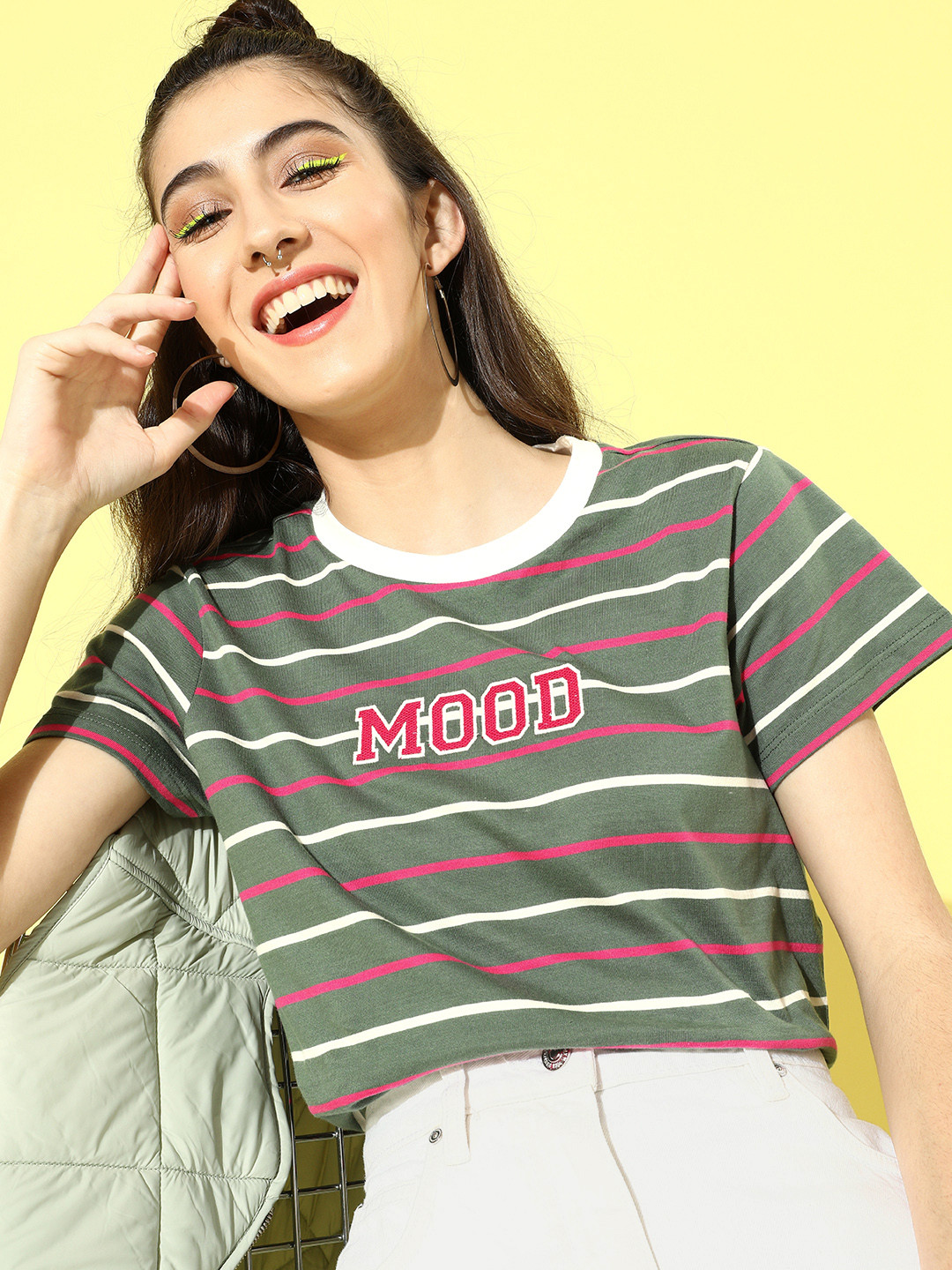

DressBerry Women Green Striped Retro Preppy Tshirt