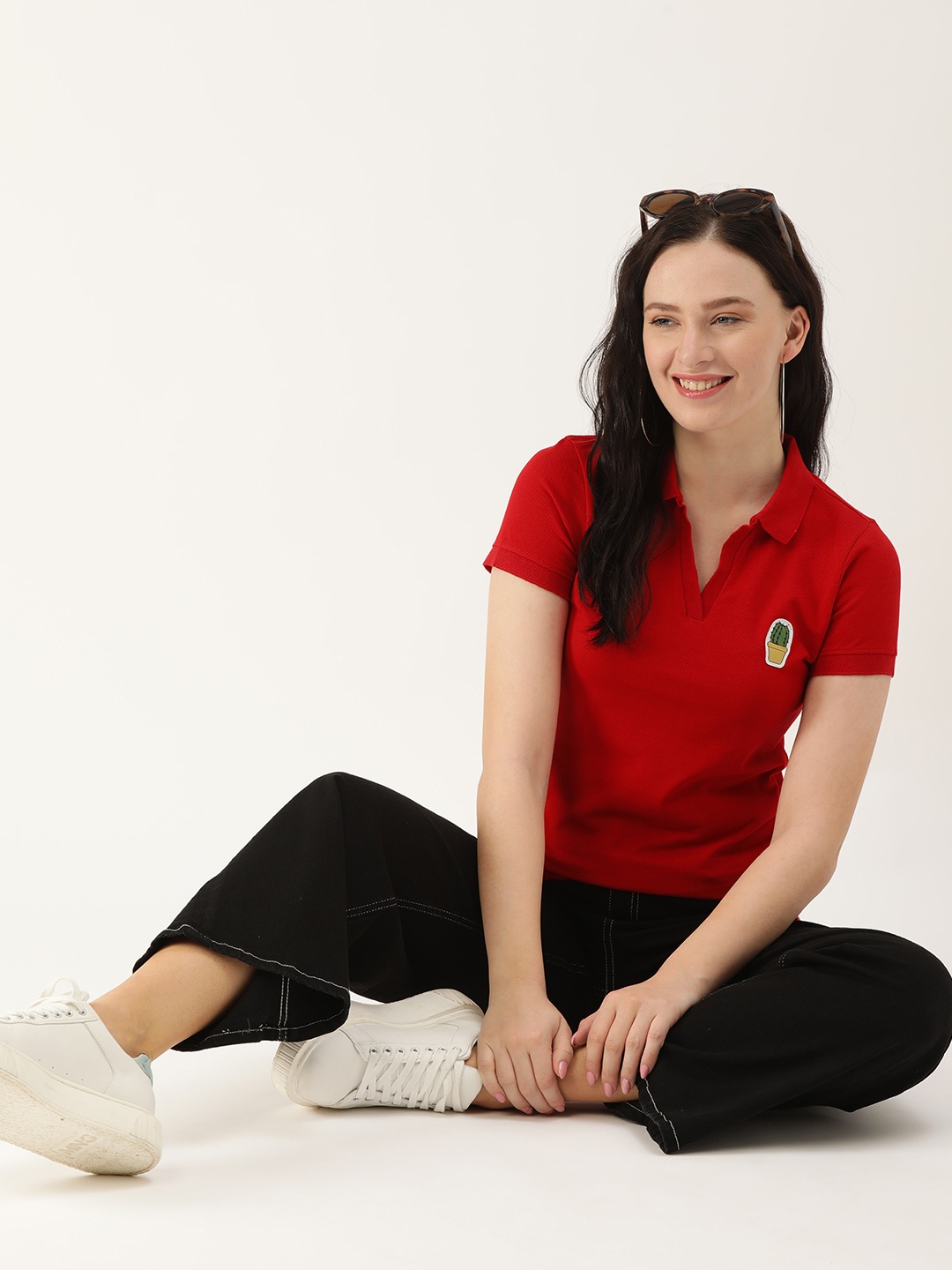 

DressBerry Women Red Solid Cotton Polo Collar T-shirt with Cactus Applique Detail