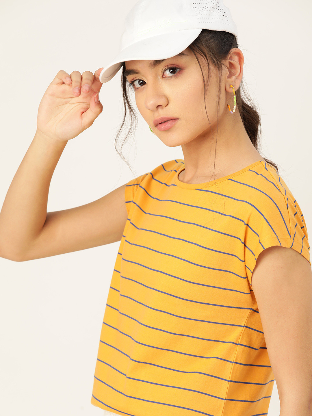 

DressBerry Women Mustard Yellow & Blue Striped Extended Sleeves Pure Cotton T-shirt
