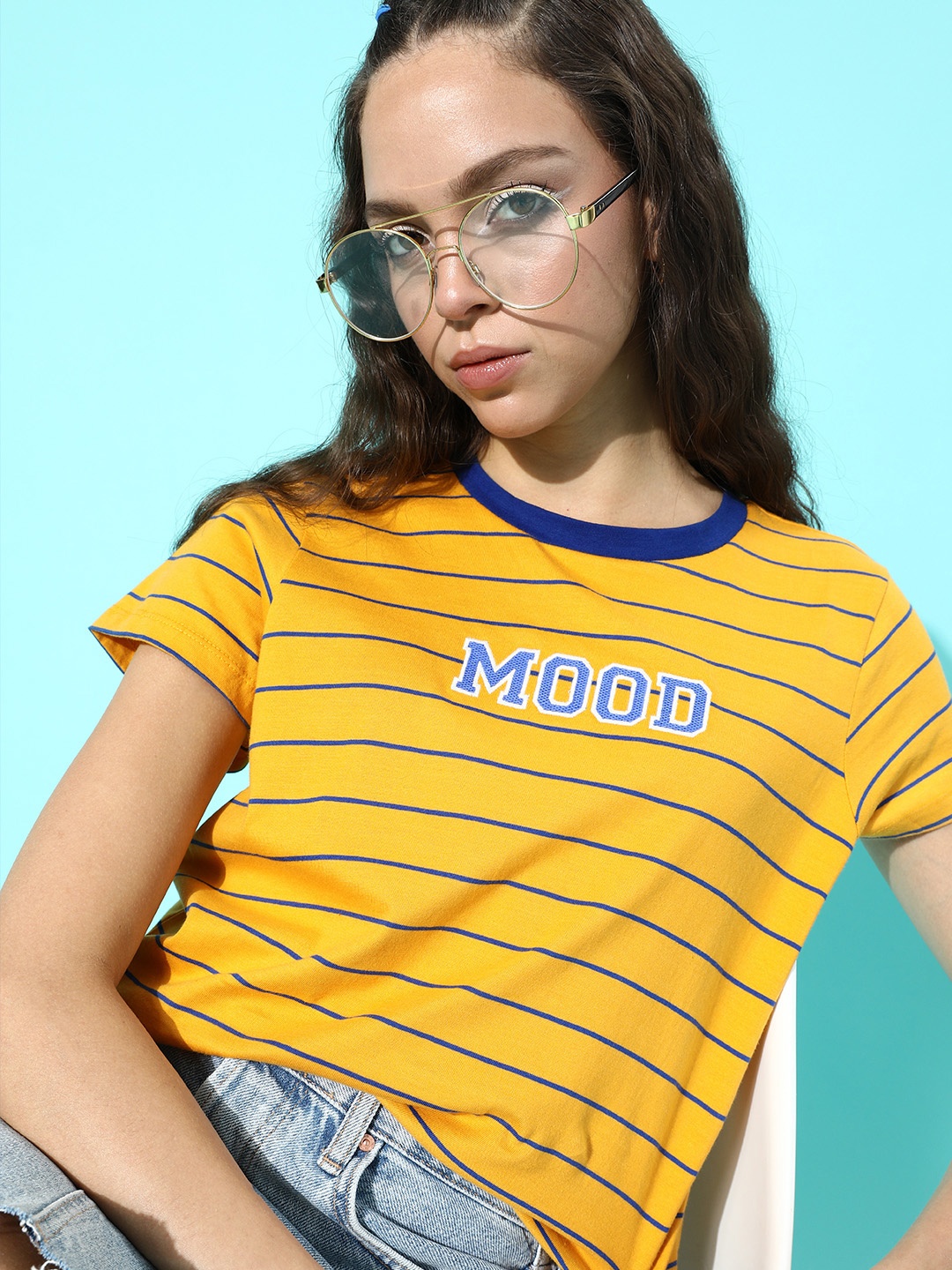 

DressBerry Women Stylish Mustard Striped Talking Tee