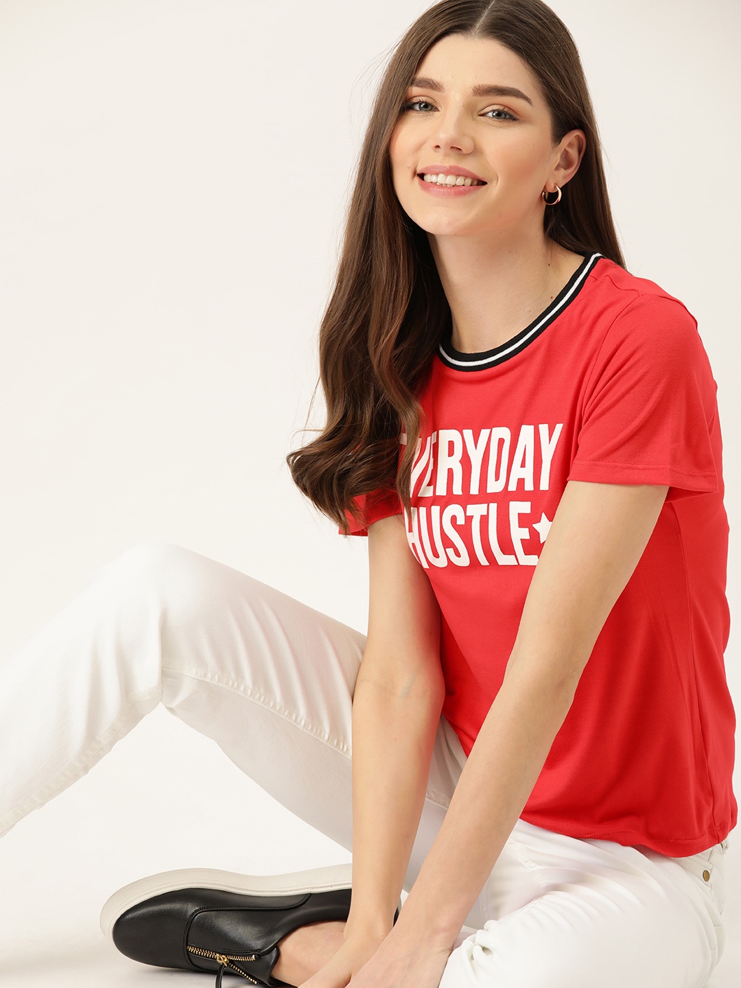 

DressBerry Women Red & White Printed Round Neck T-shirt