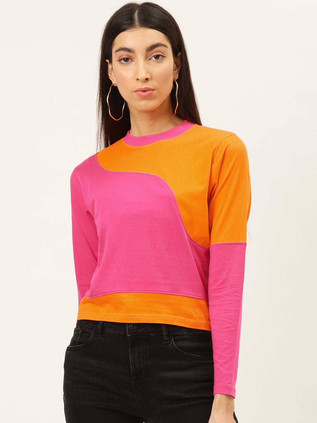 

The Dry State Women Pink & Orange Colourblocked Round Neck T-shirt