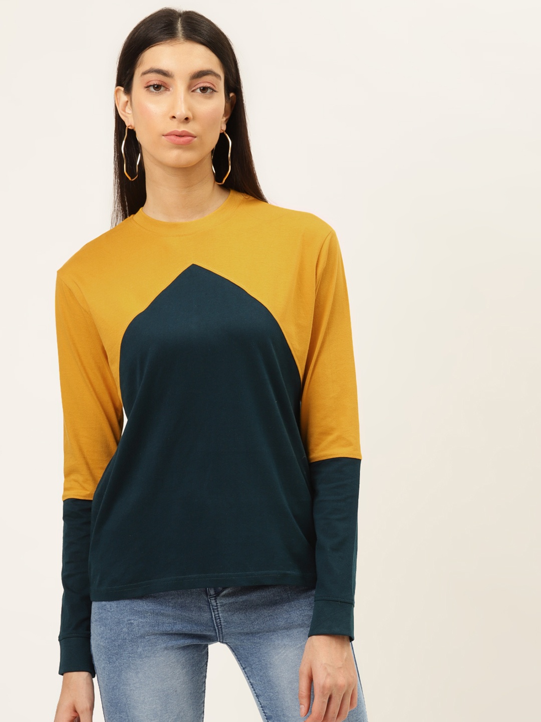 

The Dry State Women Mustard Yellow & Teal Green Colourblocked Round Neck T-shirt