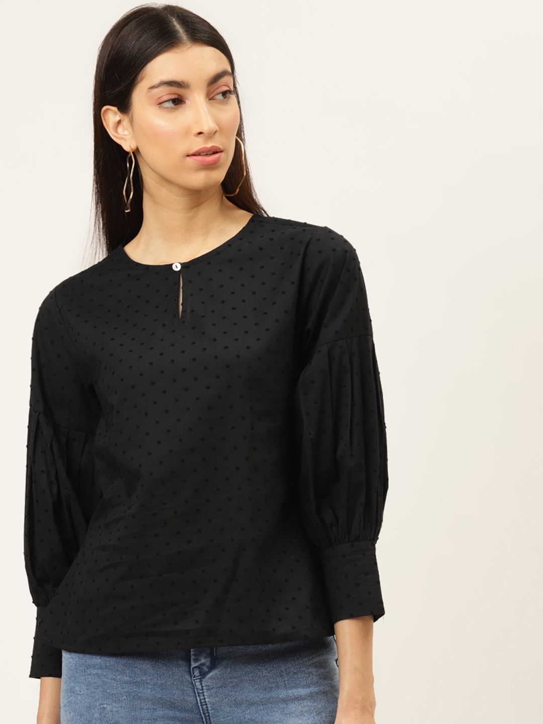 

The Dry State Women Black Self-Design Bishop Sleeves Top
