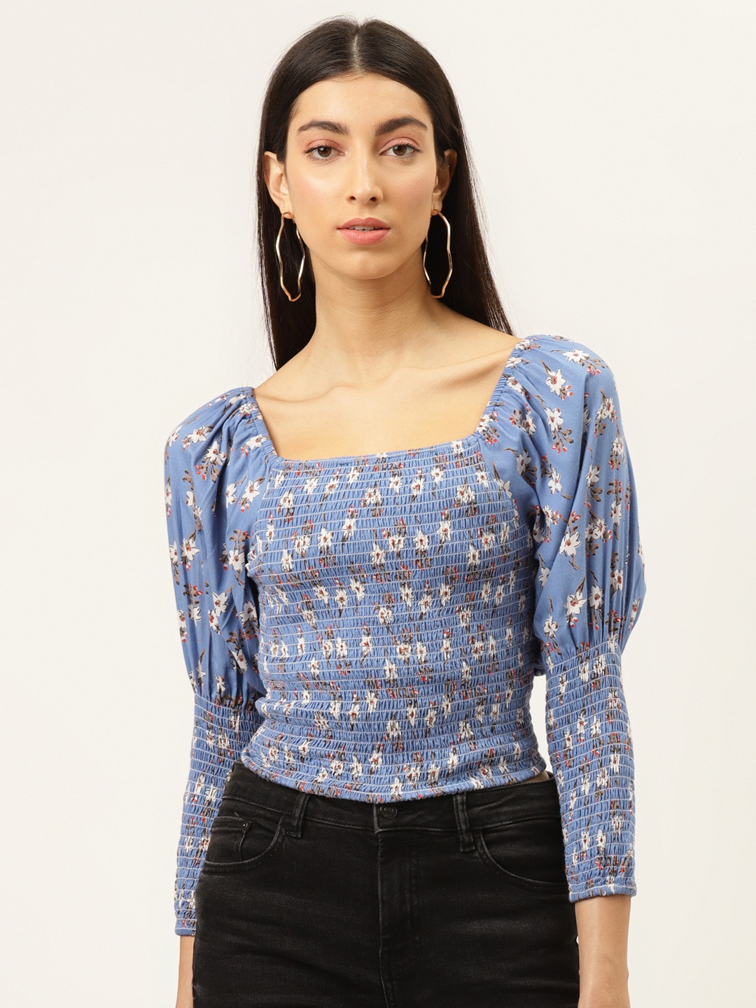 

The Dry State Women Blue & White Floral Printed Smocked Crop Bishop Sleeves Top