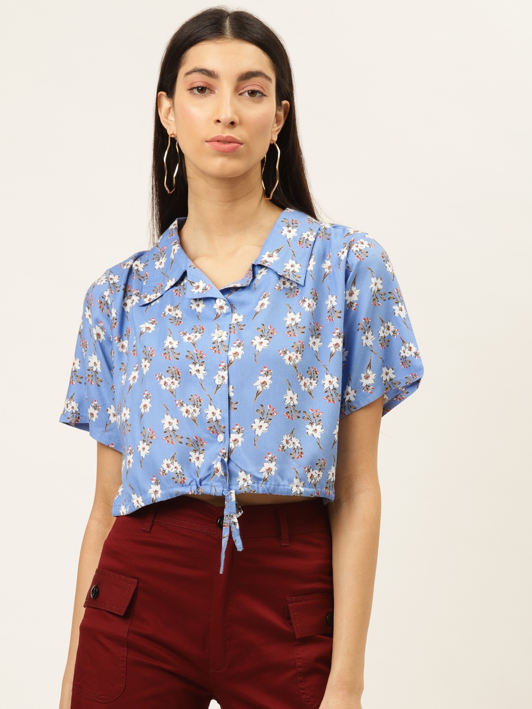 

The Dry State Women Blue & White Floral Printed Cropped Shirt Style Top