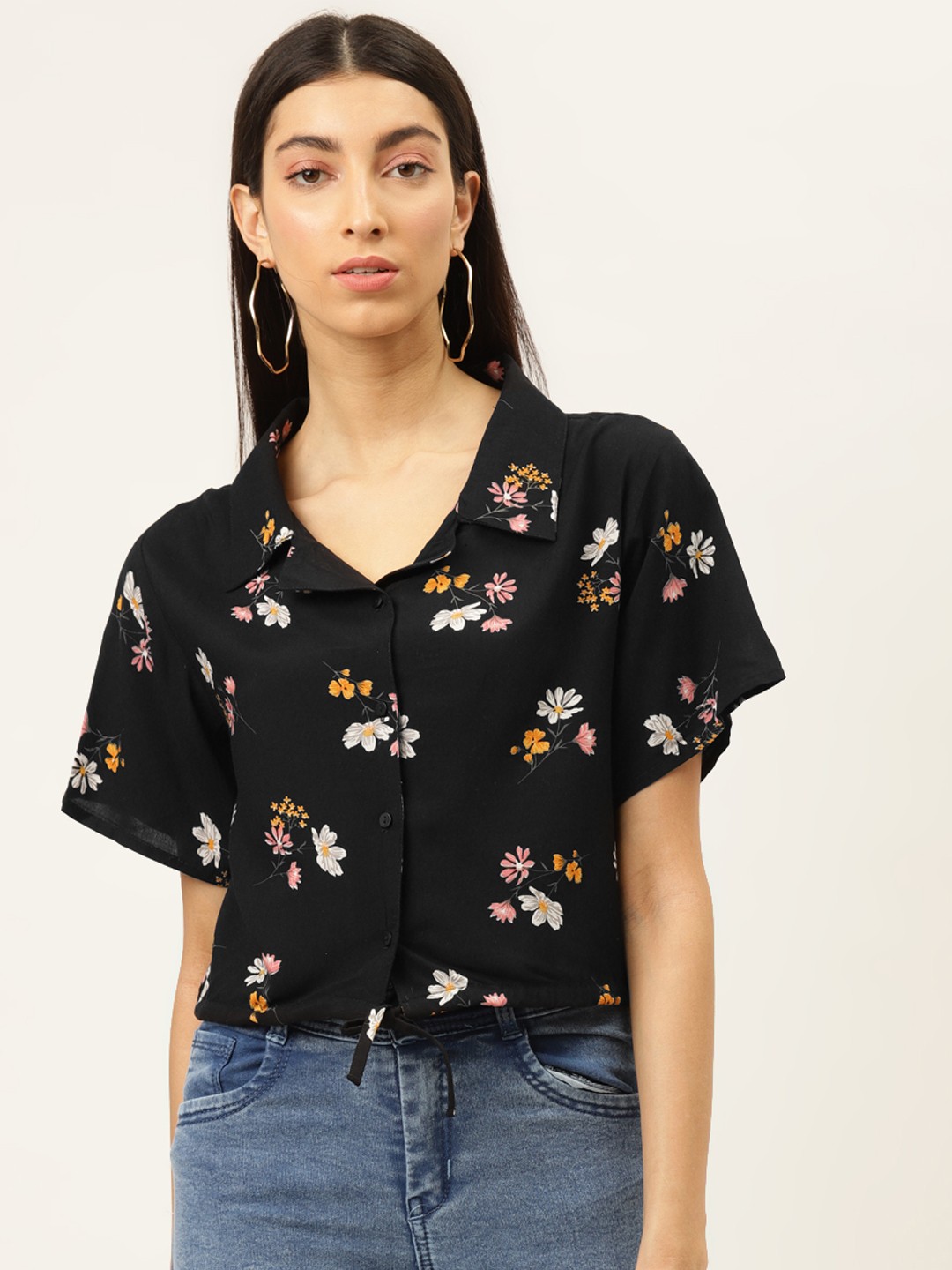 

The Dry State Women Black & Pink Floral Printed Cropped Shirt Style Top