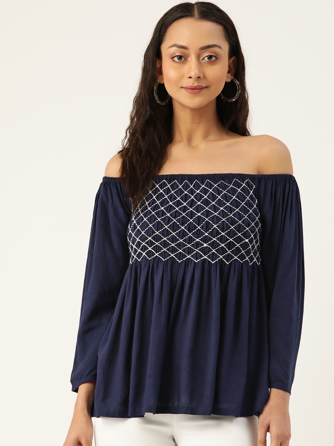 

The Dry State Navy Blue & Off-White Smocked Detail Off-Shoulder Bardot Top