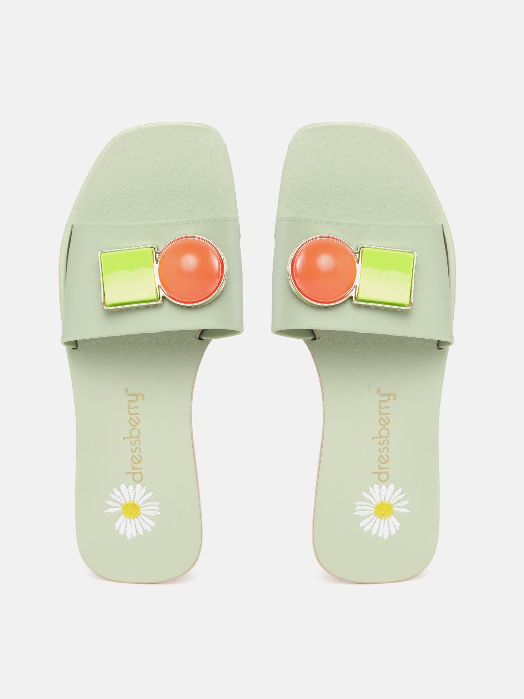 

DressBerry Women Mint Green & Orange Geometric Applique Sliders