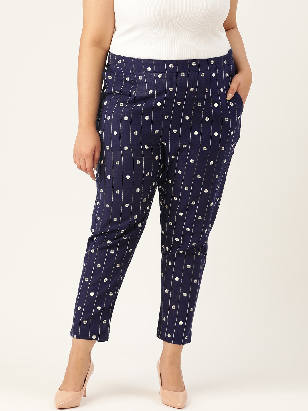 

Sztori Women Plus Size Navy Blue & White Pure Cotton Striped Regular Trousers