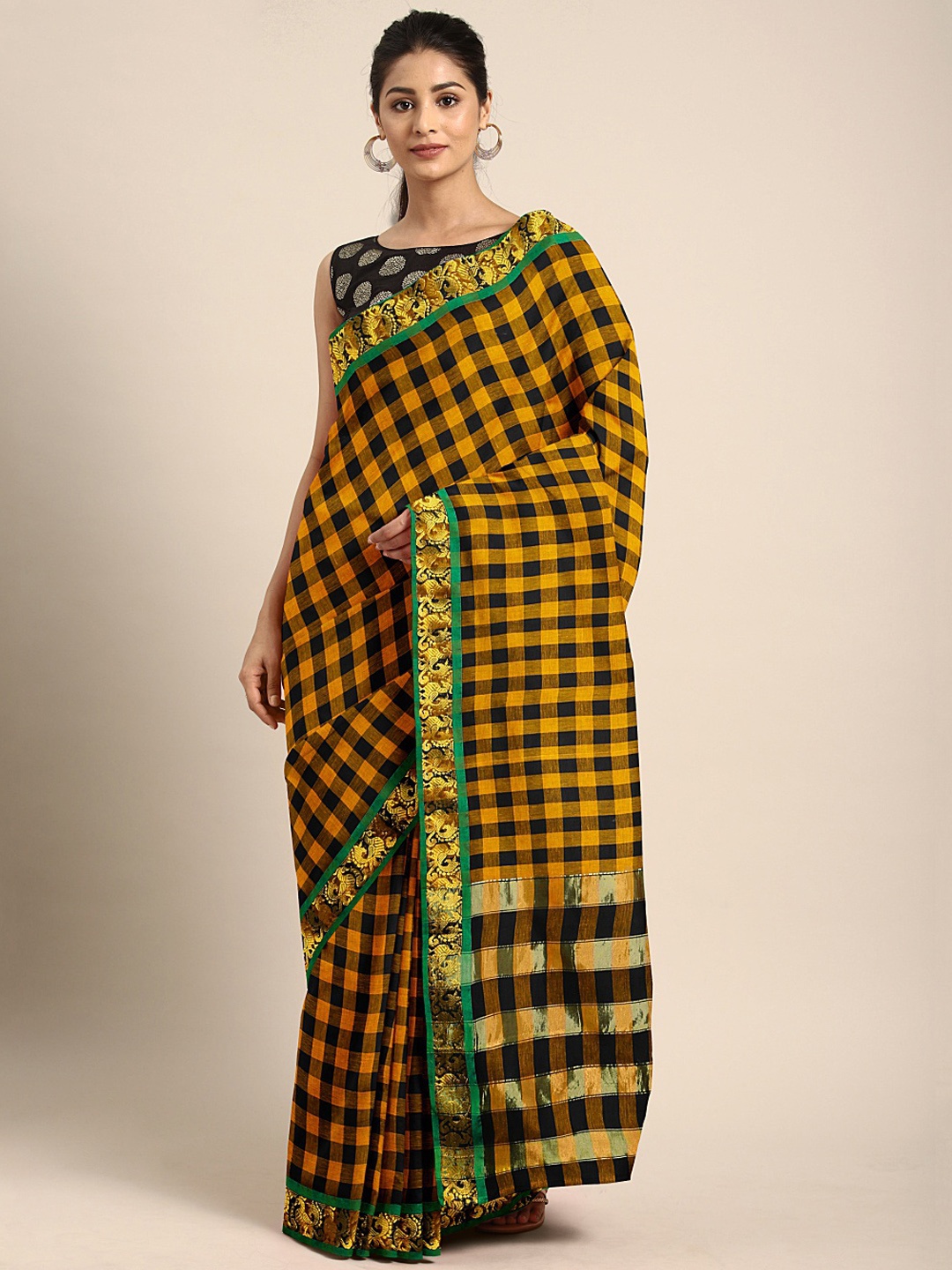 

KALINI Mustard Yellow & Black Pure Cotton Checked Venkatgiri Saree