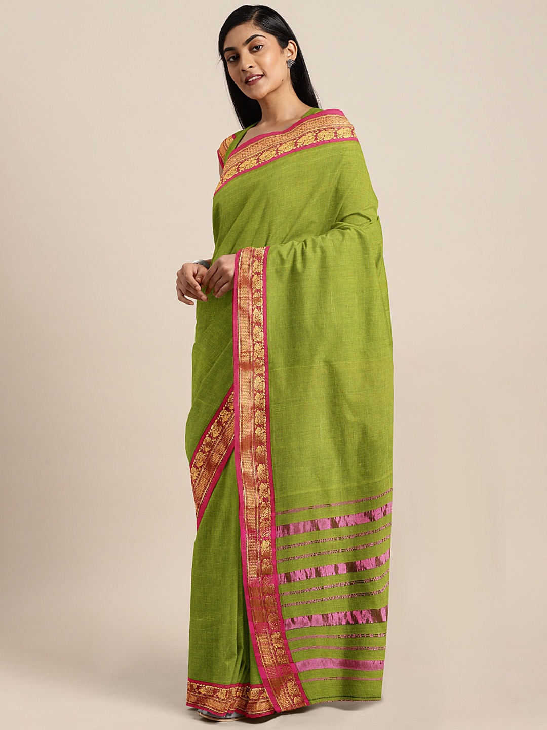 

KALINI Lime Green Pure Cotton Solid Venkatgiri Saree