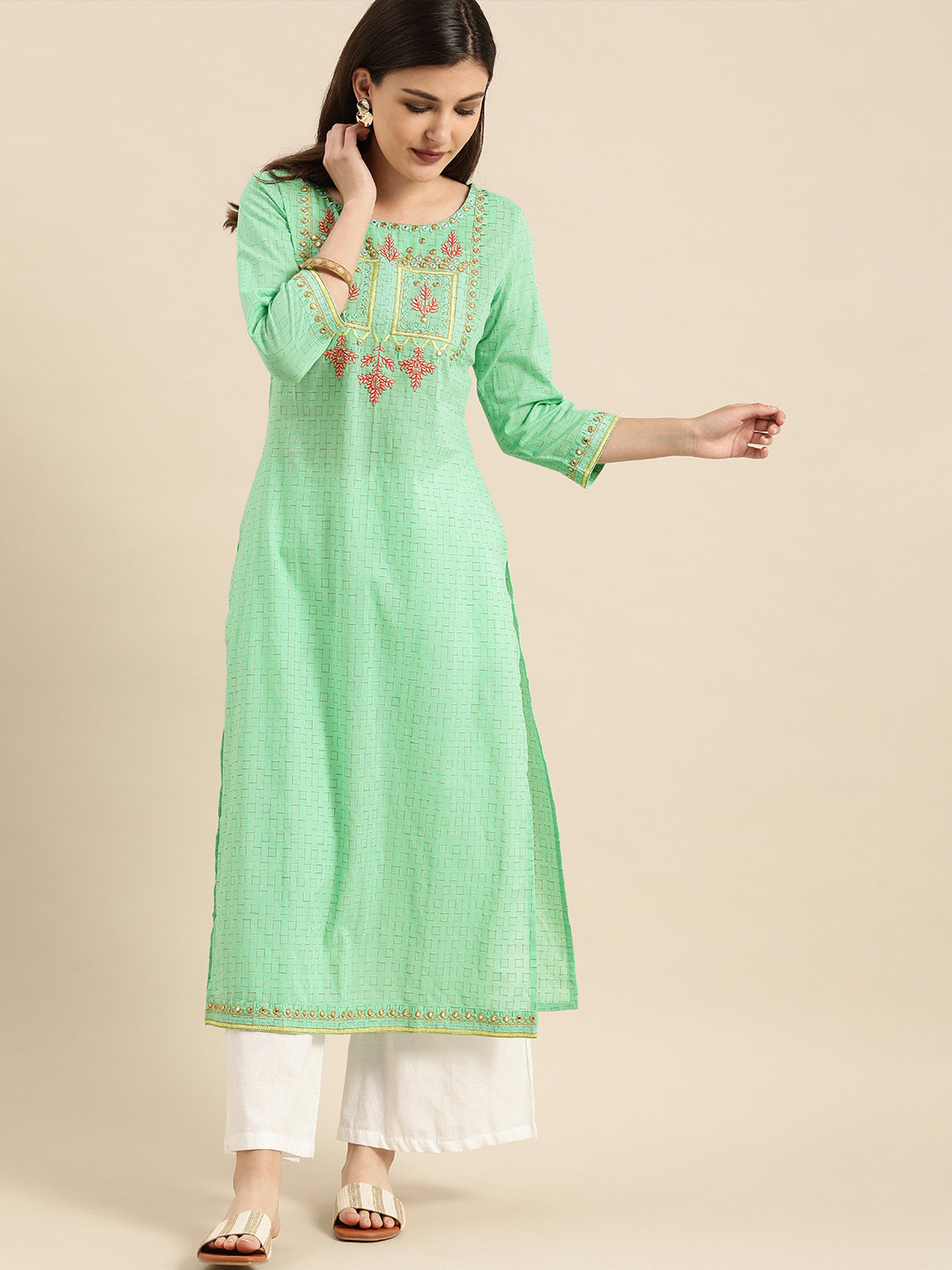 

Varanga Sea Green Thread Embroidery with Mirror Work Pure Cotton Straight Kurta