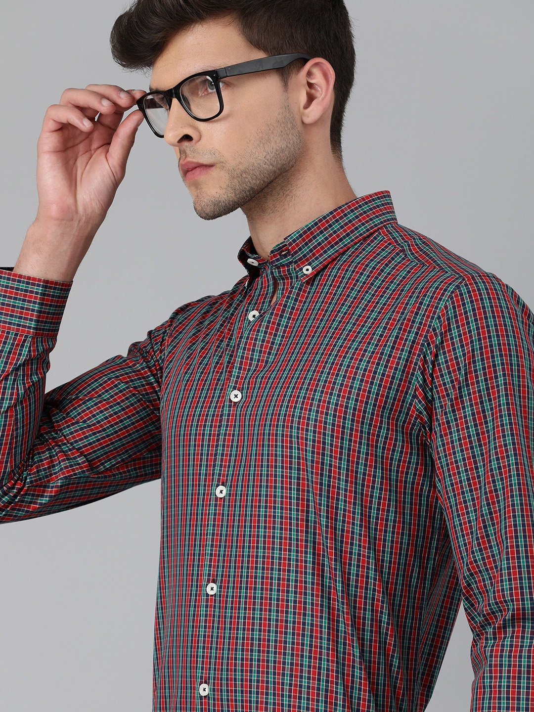 

THE BEAR HOUSE Men Red & Blue Slim Fit Checked Giza Cotton Formal Shirt