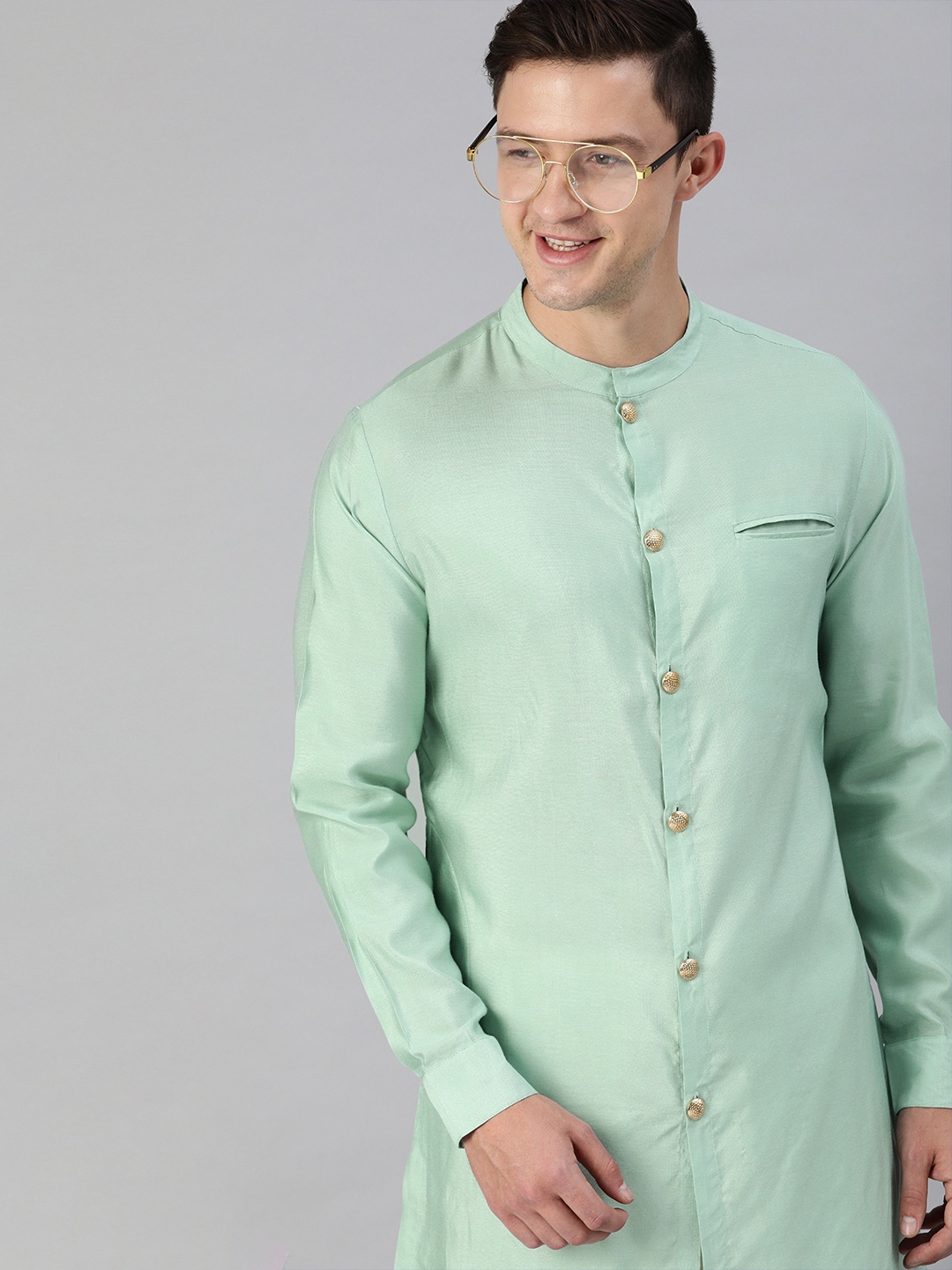 

THE BEAR HOUSE Green Solid Silk Festive Kurta