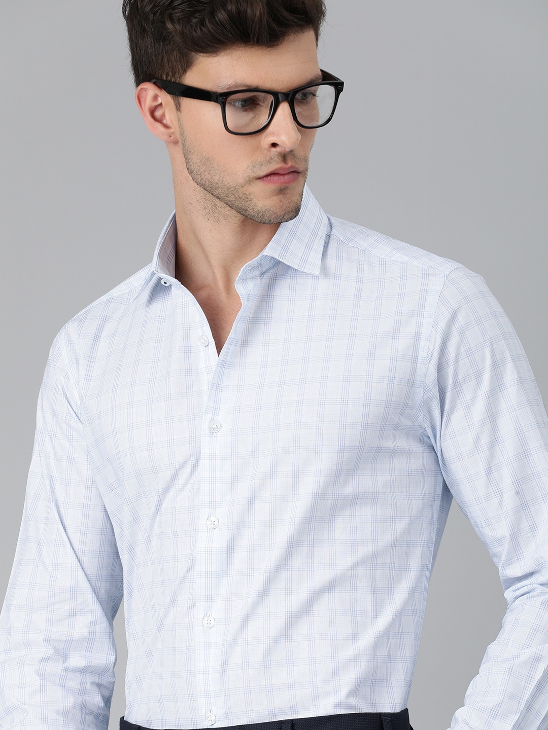 

THE BEAR HOUSE Men White & Blue Slim Fit Checked Giza Cotton Formal Shirt