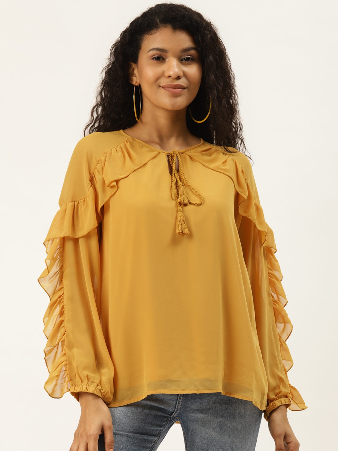 

DIVA WALK EXCLUSIVE Mustard Yellow Tie-Up Neck Ruffled Puff Sleeves Top