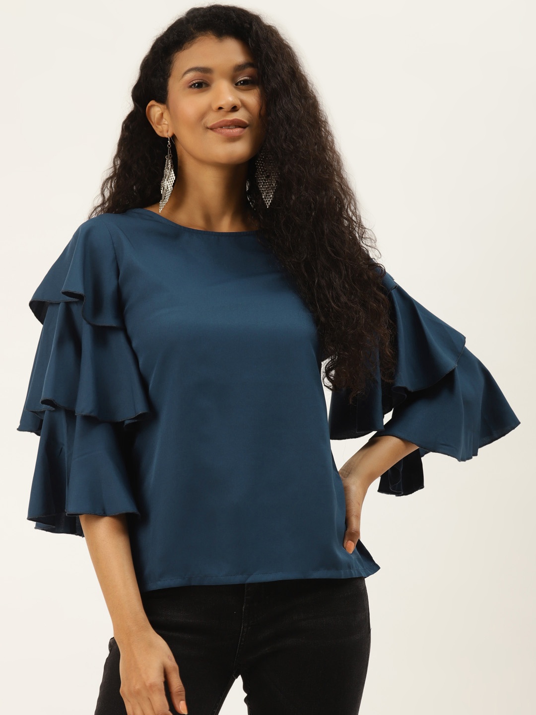 

DIVA WALK EXCLUSIVE Women Teal Blue Solid Bell Sleeves Top
