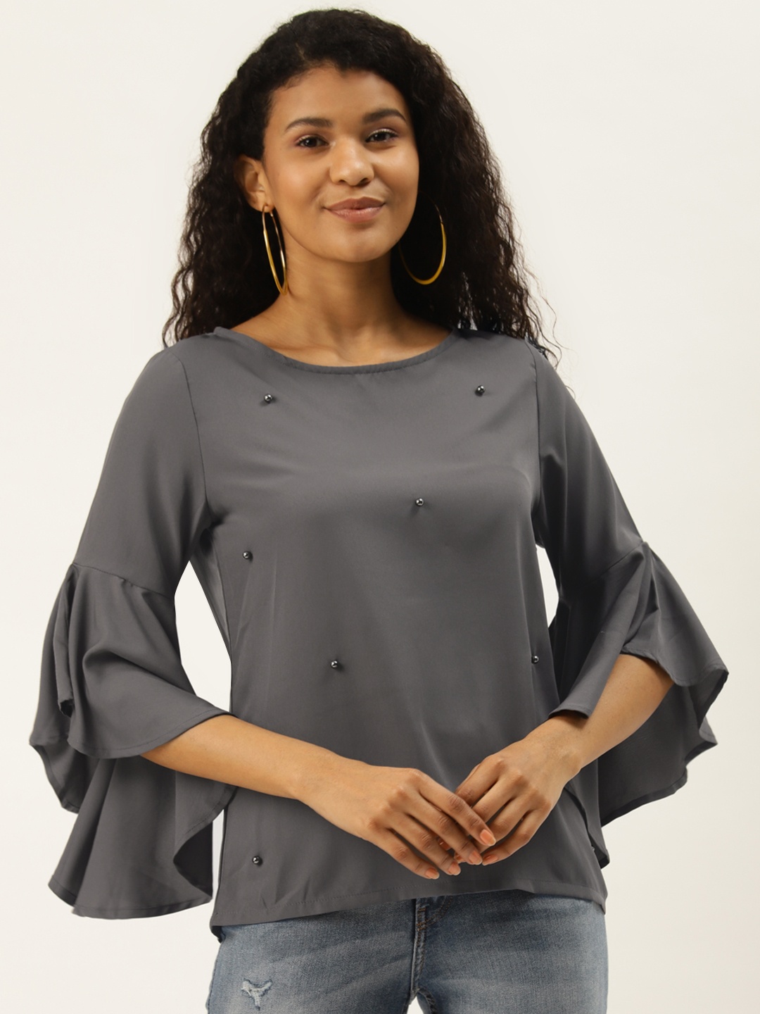 

DIVA WALK EXCLUSIVE Women Charcoal Grey Embellished Bell Sleeves Top