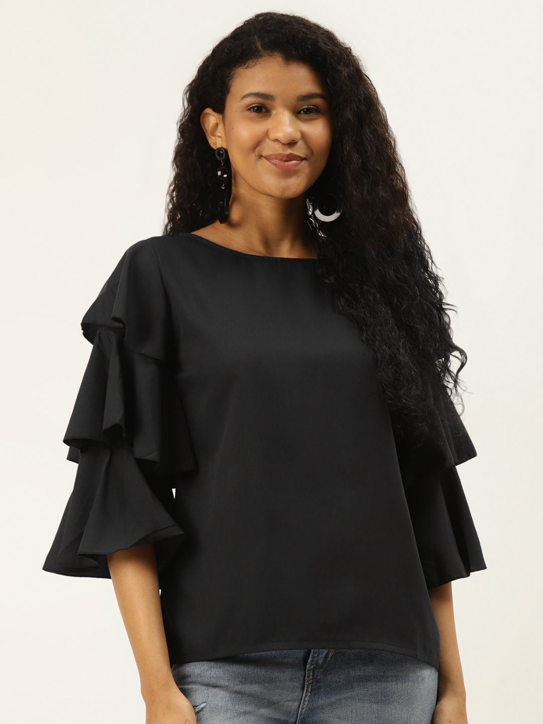 

DIVA WALK EXCLUSIVE Black Solid Flared Sleeves Top