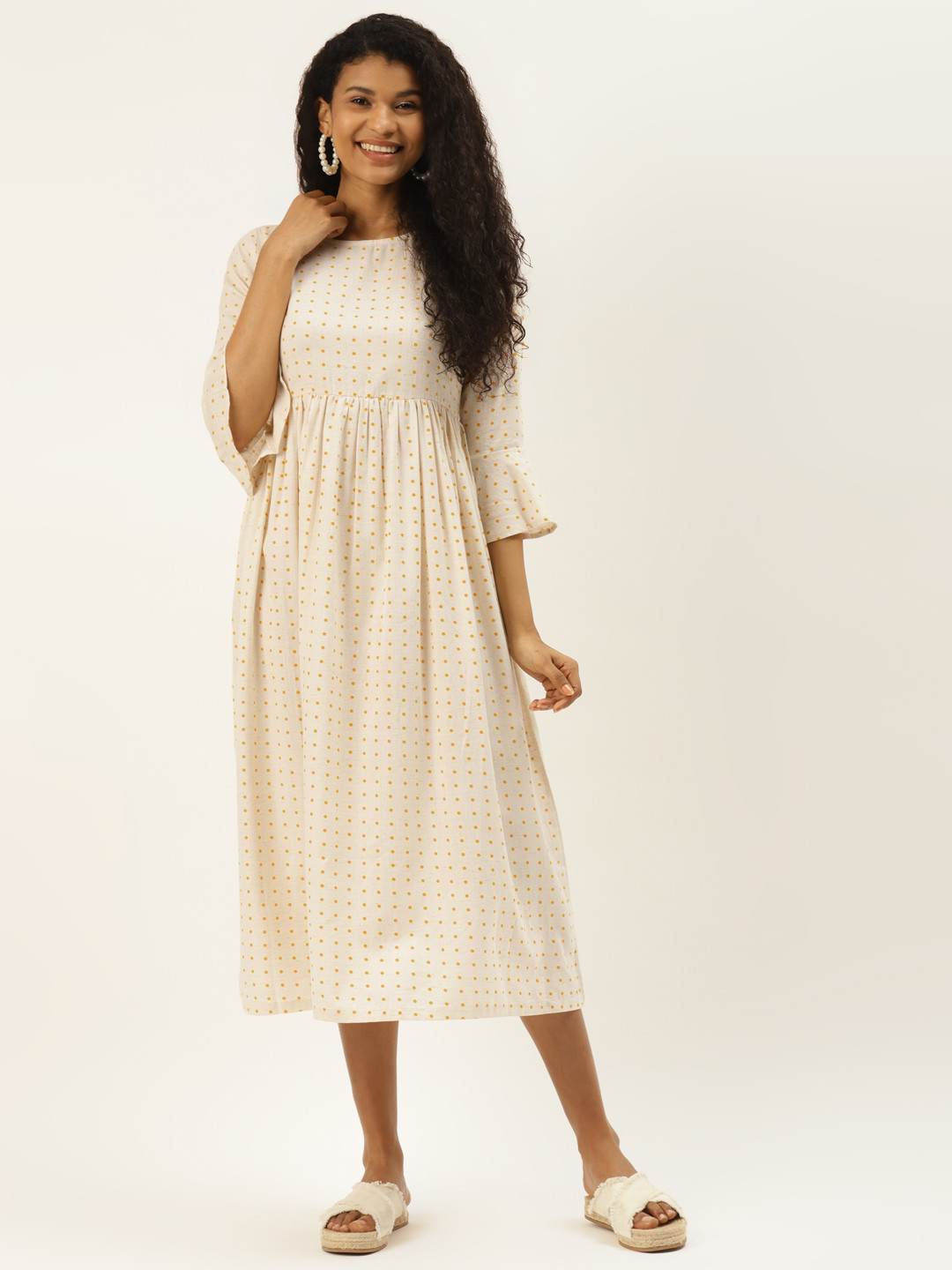 

DIVA WALK EXCLUSIVE Women Cream-Coloured & Mustard Yellow Printed Cotton A-Line Dress