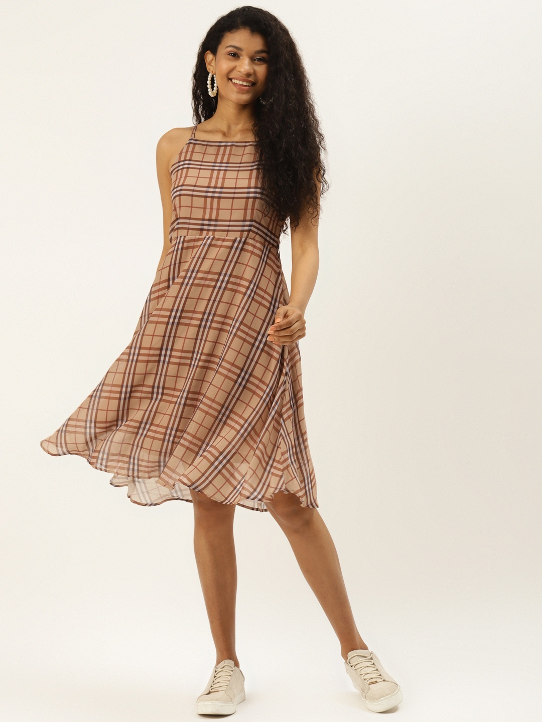 

DIVA WALK EXCLUSIVE Women Beige & Brown Checked Fit and Flare Dress