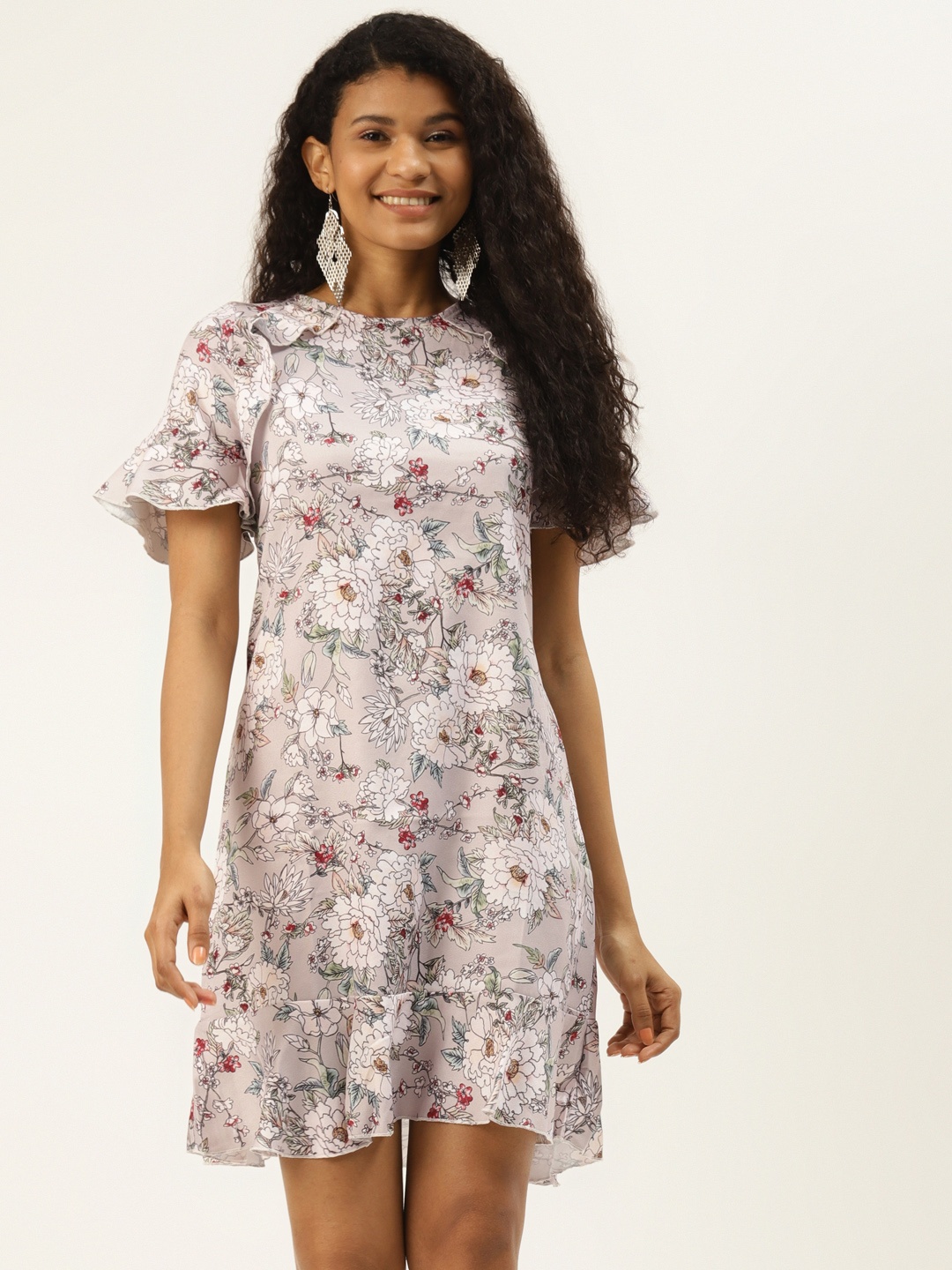

DIVA WALK EXCLUSIVE Women Grey & White Floral Print A-Line Dress