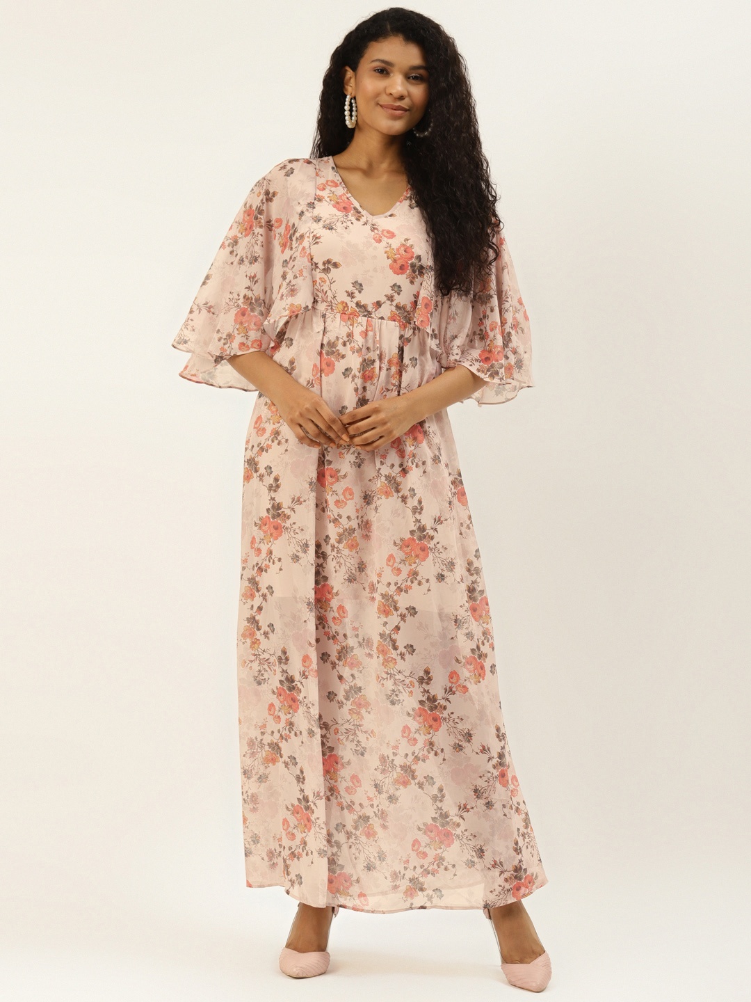 

DIVA WALK EXCLUSIVE Women Beige & Orange Floral Print Maxi Dress