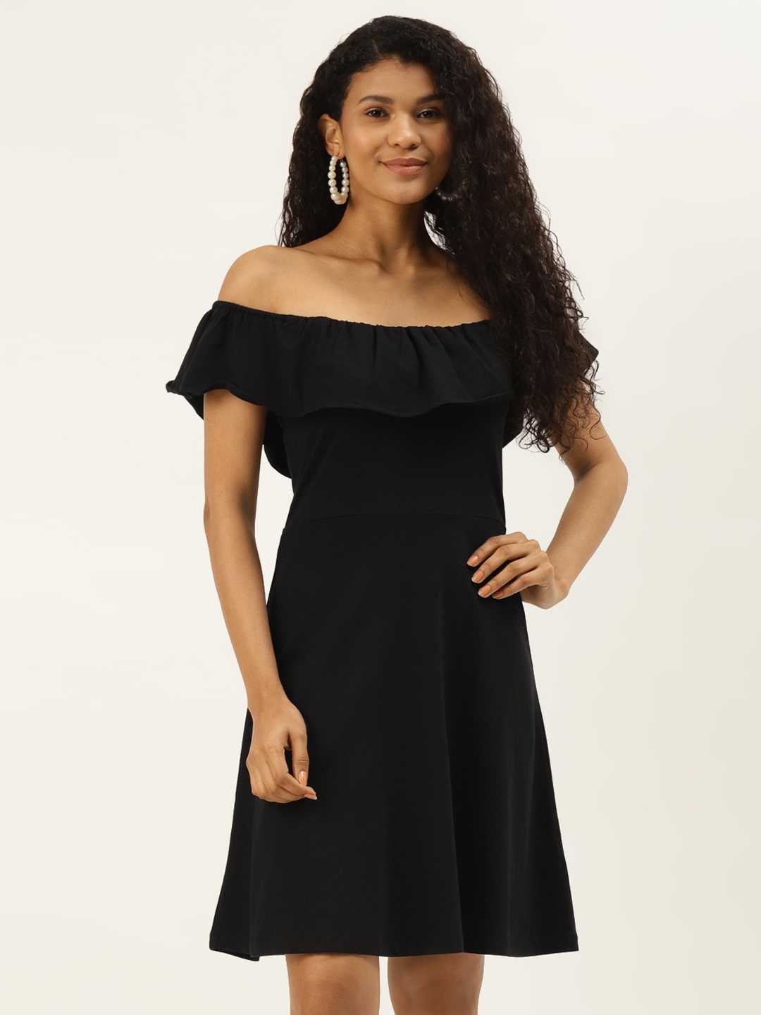 

DIVA WALK EXCLUSIVE Women Black Solid Pure Cotton Layered Fit & Flare Dress